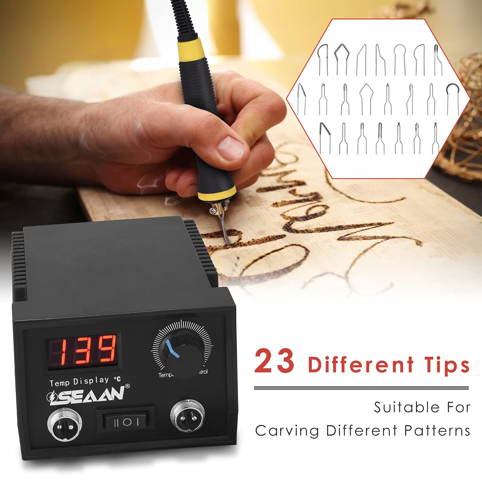 Aomdom Pirografo per Legno 60W Macchina per pirografia Kit professionale per pirografia 0°C a 850°C Display Digitale mit 2 Penne 23 Teste di Penna per principianti e adulti