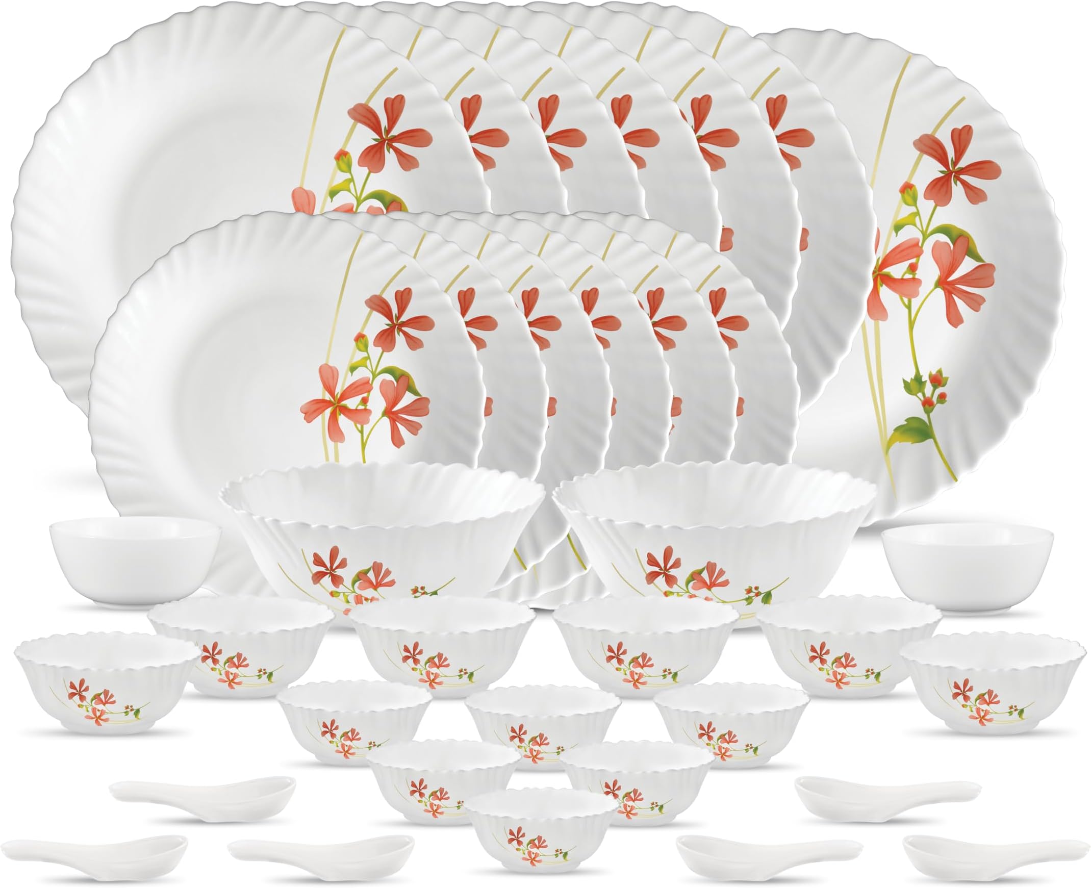 La Opala Novo Collection Opal Glass Crockery | for Family of 6 | Dinner Set 35 pcs Coral Charm | Plates & Bowls for Dining | Microwave Safe | 100% Vegetarian | Extra Strong | Light & White