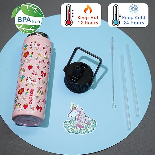 Miniatura 4 de BJPKPK Botella de agua aislada con tapa con pajilla, botellas de agua de metal de acero inoxidable de 22 onzas, botellas de agua reutilizables a