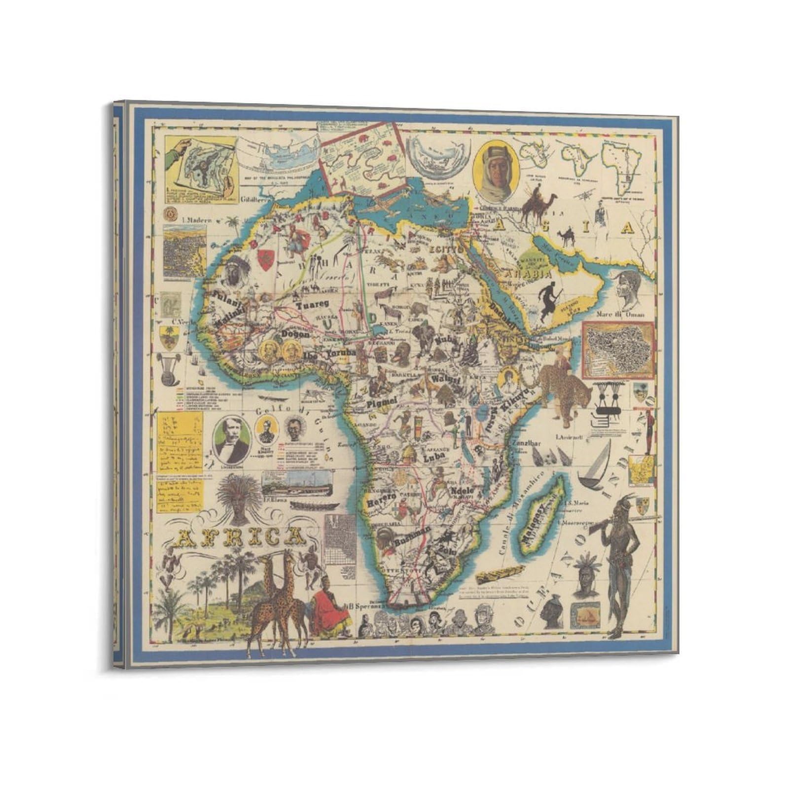 OKAHYS Vintage Travel Poster 1986 African Illustration Map Decorative Painting Canvas Wall Artworks Picture 12x12inch(30x30cm)