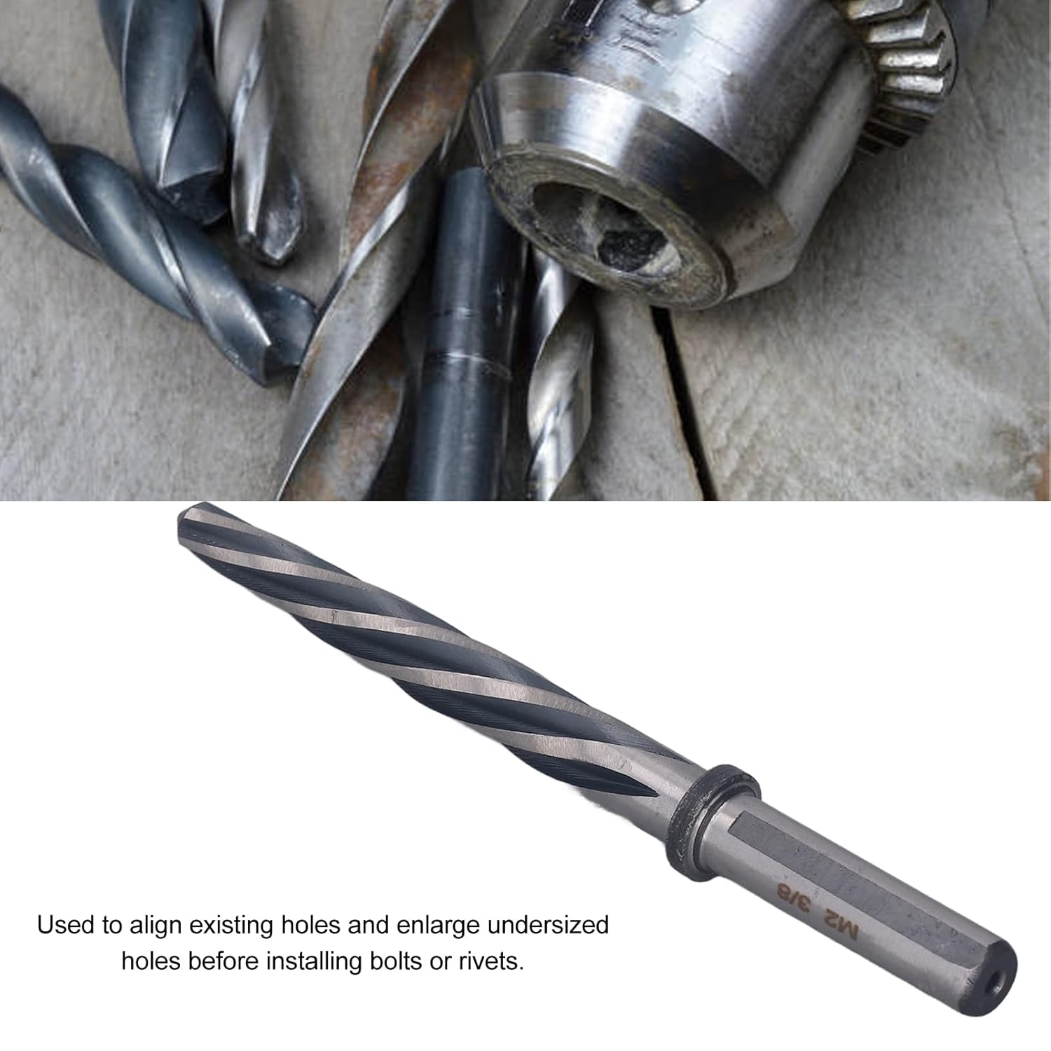 3/8 Inch 5 Flute Spiral Taper Chucking Reamer, Made of 6542 and M2 High Speed Steel, for Car Maintenance and Construction, with Compact and Portable Design, Align and Enlarge Holes