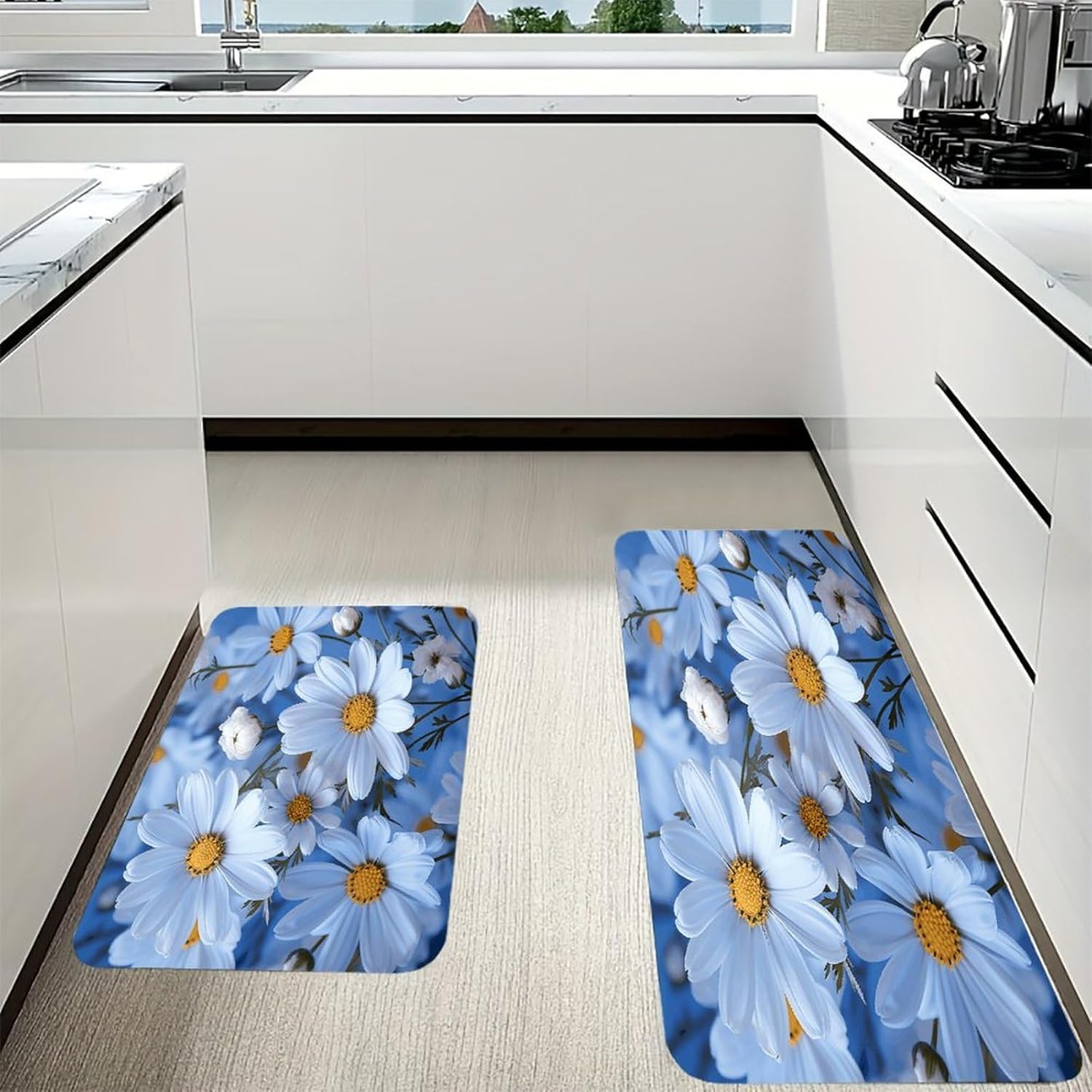 Daisy Blue Kitchen Mat Washable Non Slip Rugs Soft Kitchen Mats for Floor Set of 2 PCS Cushioned Absorbent Runner Standing Rugs for Home Sink Laundry Office