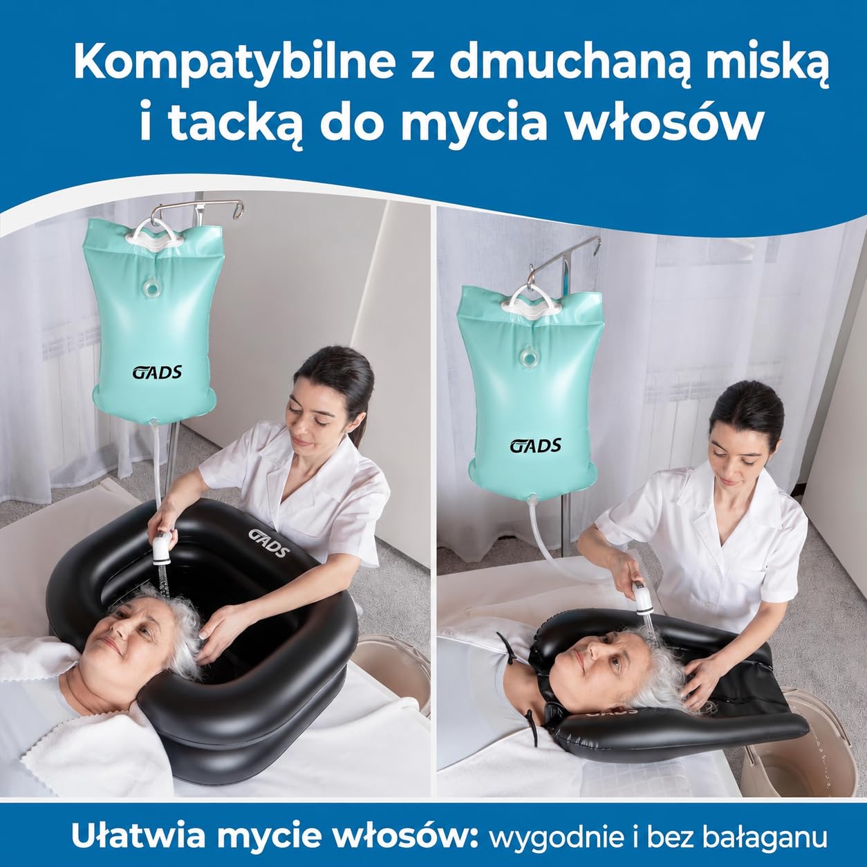 Przenośna stacja mycia włosów 2,5 gal z workiem i miską do łóżka, Niebieski | Lekka i kompaktowa konstrukcja do domu i podróży, łatwa do przenoszenia, rozkładania oraz wygodnego przechowywania po użyciu.