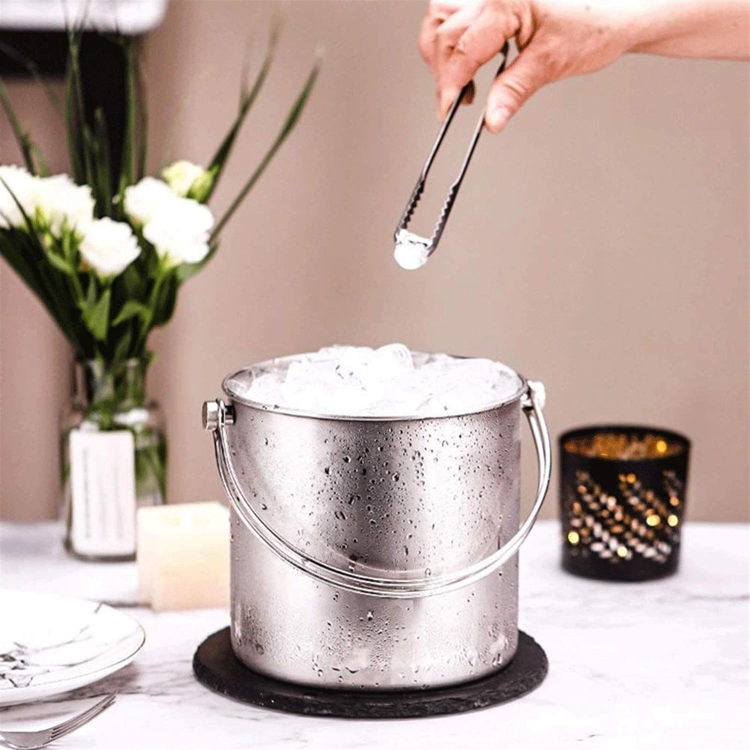 Champanera Cubo de Hielo de Acero Inoxidable para Bebidas y Fiestas, Asas de Transporte, Cubo pequeño, Botella de Vino, Enfriador de Cerveza y Vino Cubiteras