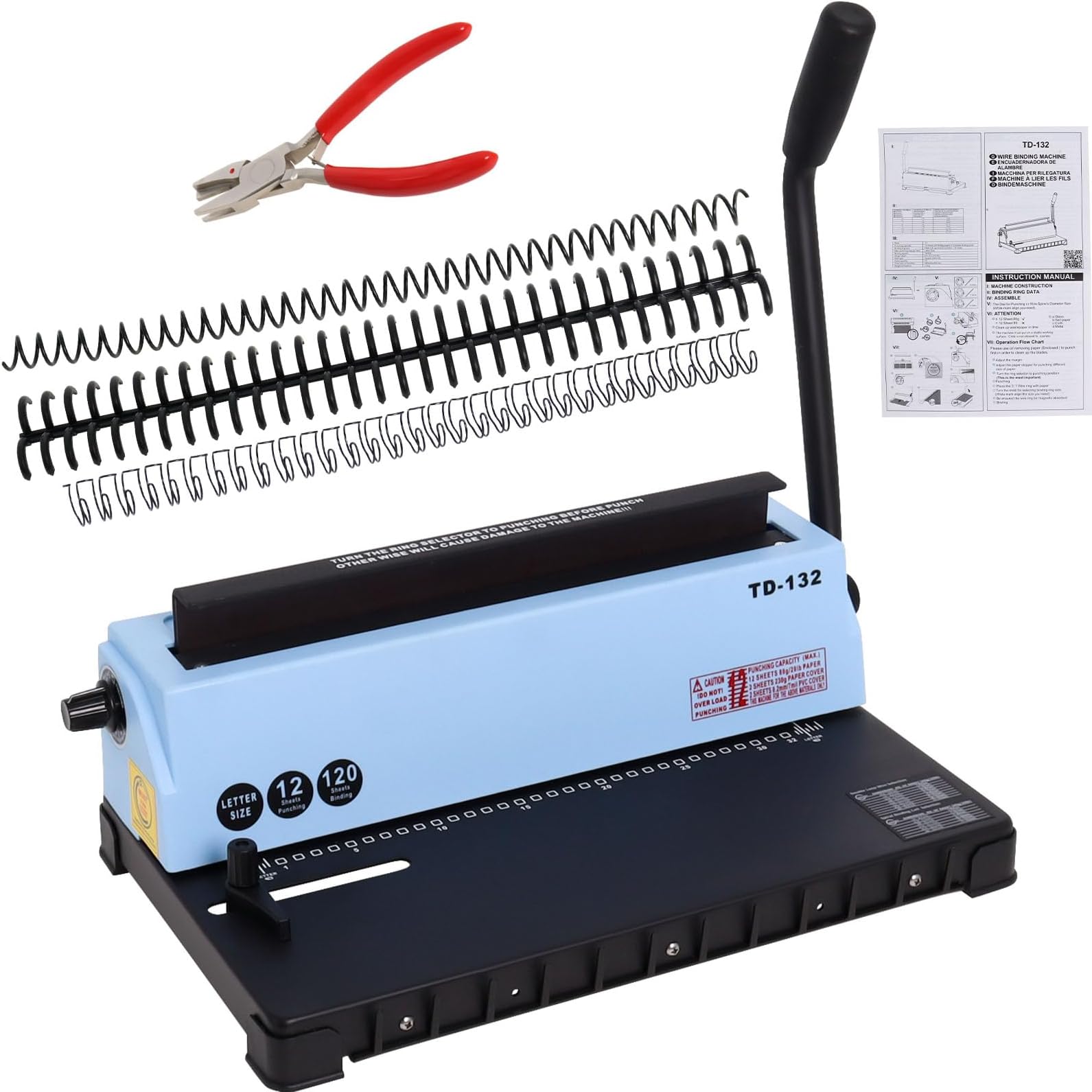 Coil Spiral and Wire Binding Machine, Punch 12 Sheets/Bind 120 Sheets, 3:1 Pitch 32-Holes Letter-Size Wire Binder with Double-Loop Wire and Coil Cutting and Crimping Pliers