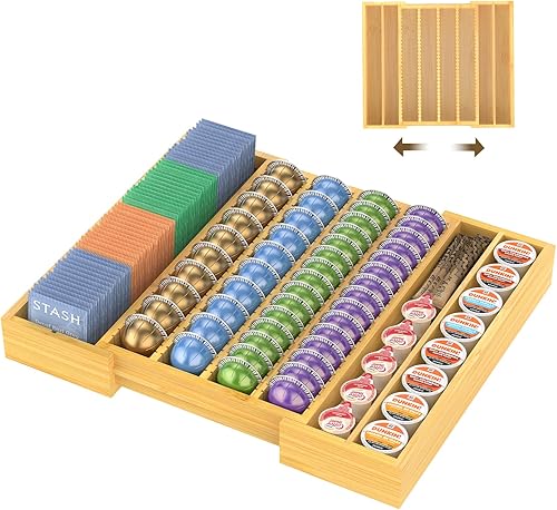 KMOTASUO Soporte de almacenamiento de cápsulas de café de bambú, bandeja organizadora de cápsulas de café expandible para inserto de cajón de