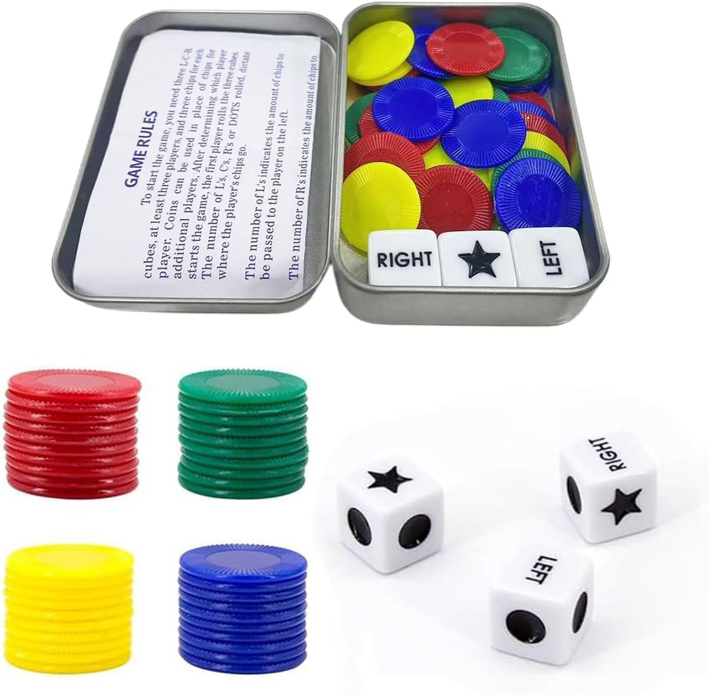 Left Right Center Game, Funny Set 3Pcs Dice and 40Pcs Colorful Chips Left Right Centre Dot Board Sets for Party Family Friends Gatherings