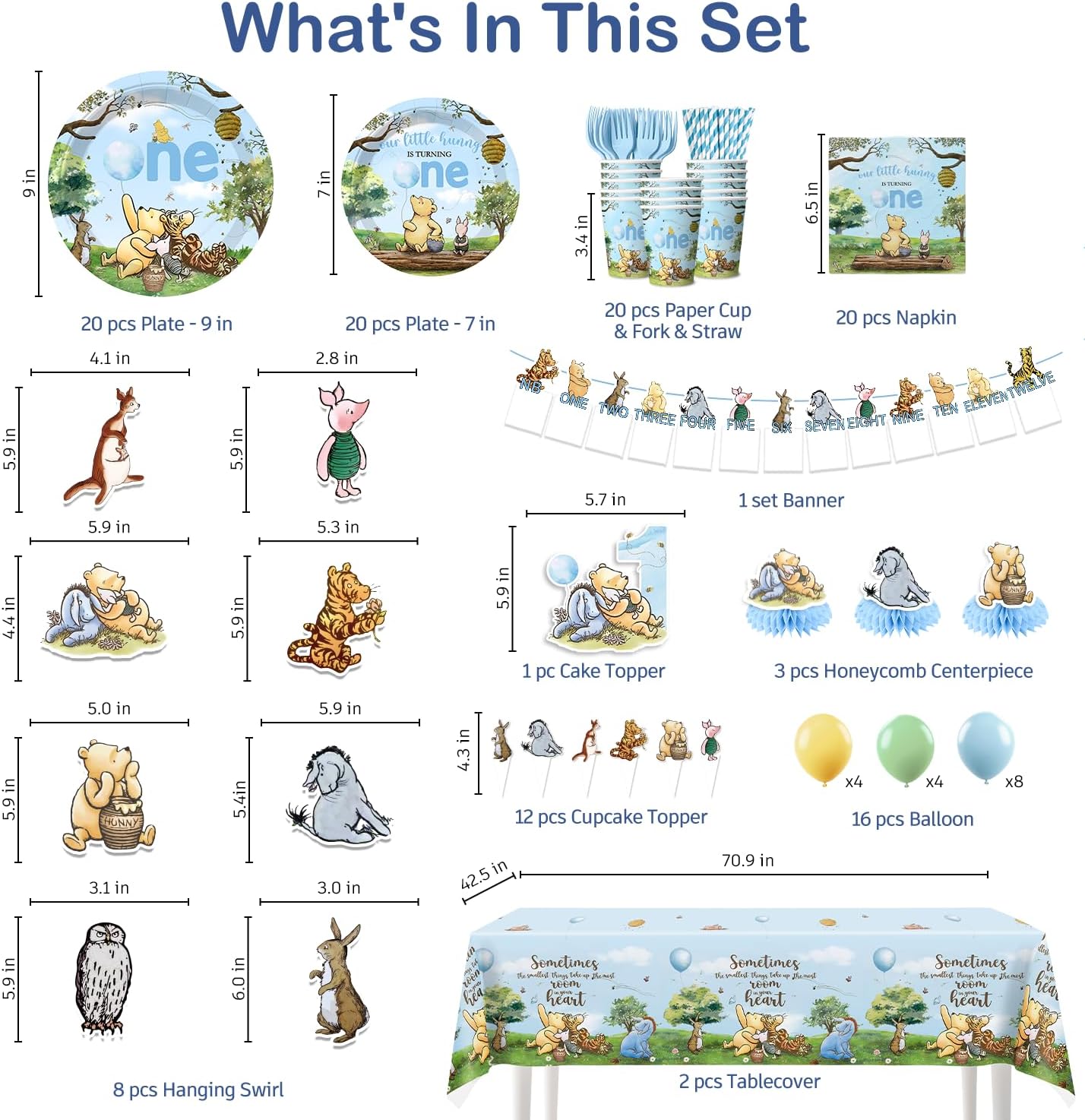 171 PCS Blue Bear 1st Birthday Decorations Tableware set, Bear Themed party supplies with Balloon, Banner, Cake Topper, Plates and Napkins, for Boy First Birthday, Serves 20 Guests - Image 2