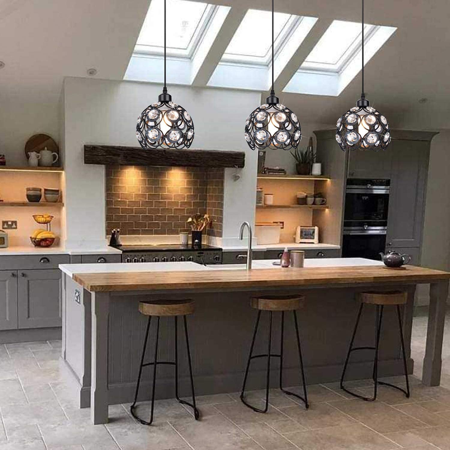 Becailyer Mini Crystal Pendant Light, Black Basket Cage Hanging Lamp