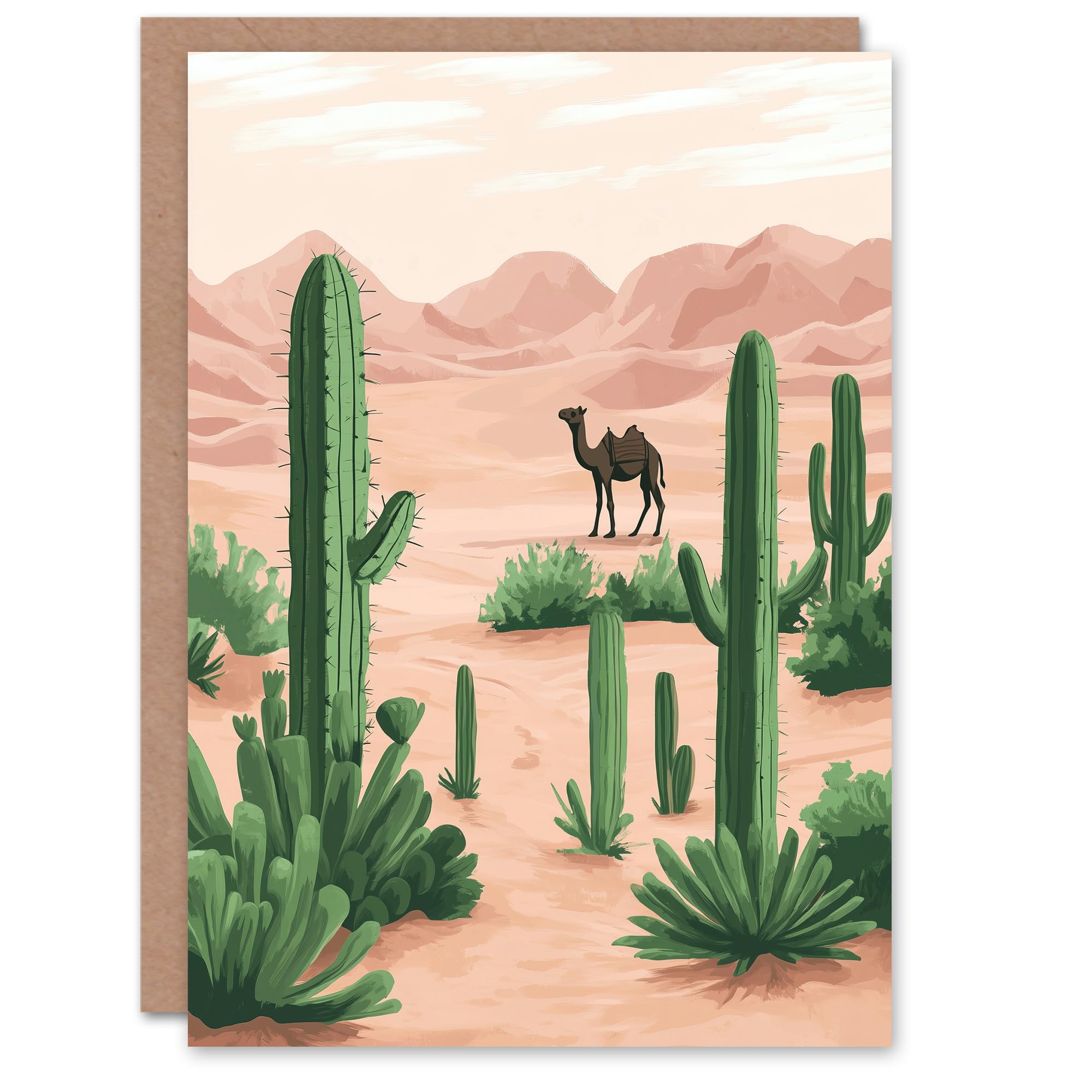 Artery8 Greeting Card Camel in Pastel Pink Desert Sand Dunes and Cacti Blank For Him Or Her Art Birthday Card