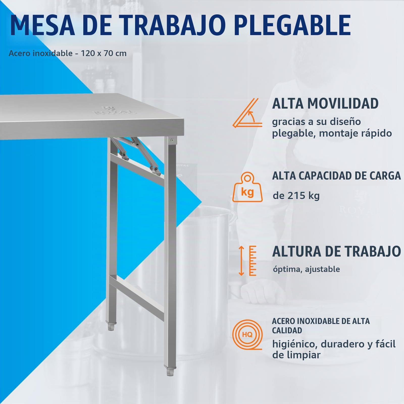 Royal Catering Mesa De Trabajo Plegable En Acero Inoxidable RCAT-120/70KE (Superficie de Trabajo de 70 x 120 cm, Capacidad de Carga 215 kg)
