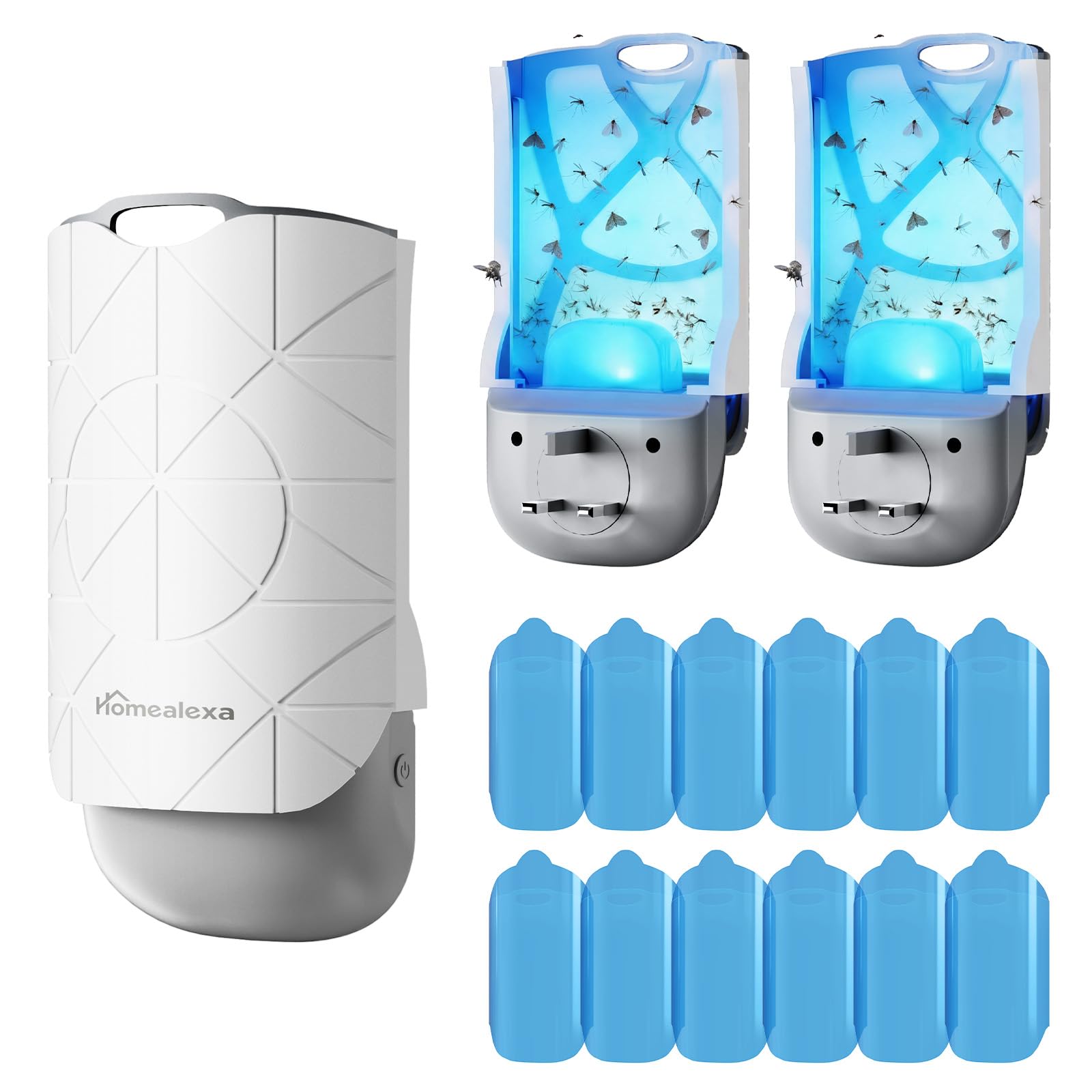 Homealexa Trappola per mosche da interni, confezione da 2, trappola per insetti volanti UV a LED per moscerini della frutta, falene e moscerini, luce notturna senza sostanze chimiche, include 12
