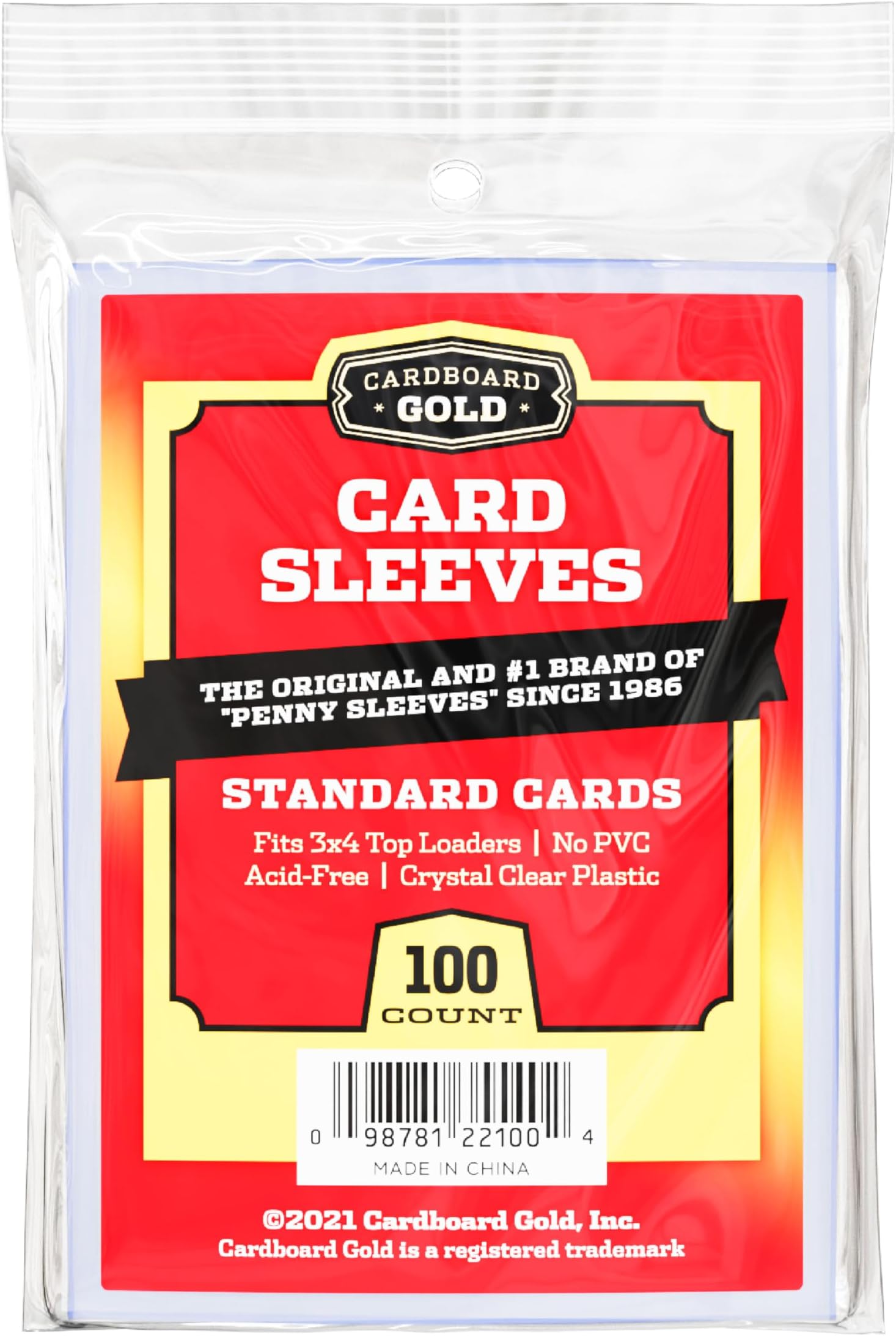 Cardboard Gold Penny Sleeves for Trading Cards - 100 Count Card Protector Sleeves with Durable, Crystal-Clear Plastic for Baseball, Sports, Collector, Standard-Sized Cards 2-5/8” x 3-5/8” (67x94mm)