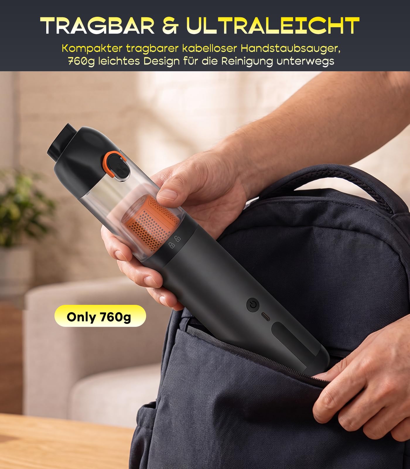 Handstaubsauger Akku 4-in-1, Mini Autostaubsauger Stark mit 20000 PA Saugkraft und 2 Saugstufen, USB-C Aufladbar Handstaubsauger Kabellos für Auto, Bürotische, Tastaturen