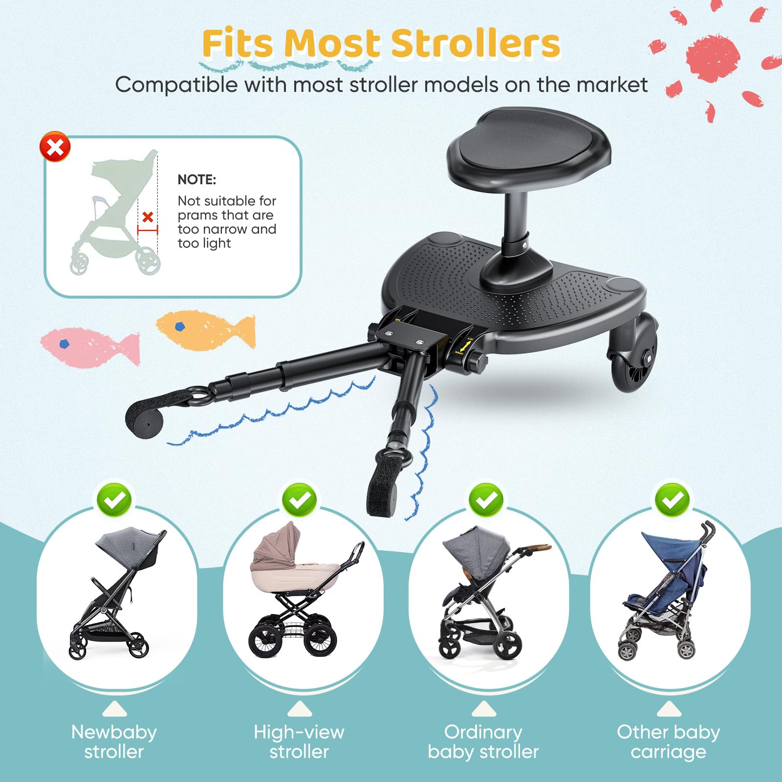 Monopatín universal con asiento grande, tablas con ruedas compatible con el 99% de cochecitos, monopatín universal, 2 en 1 caminata, cochecito para niños de 2 a 6 años (25 kg)