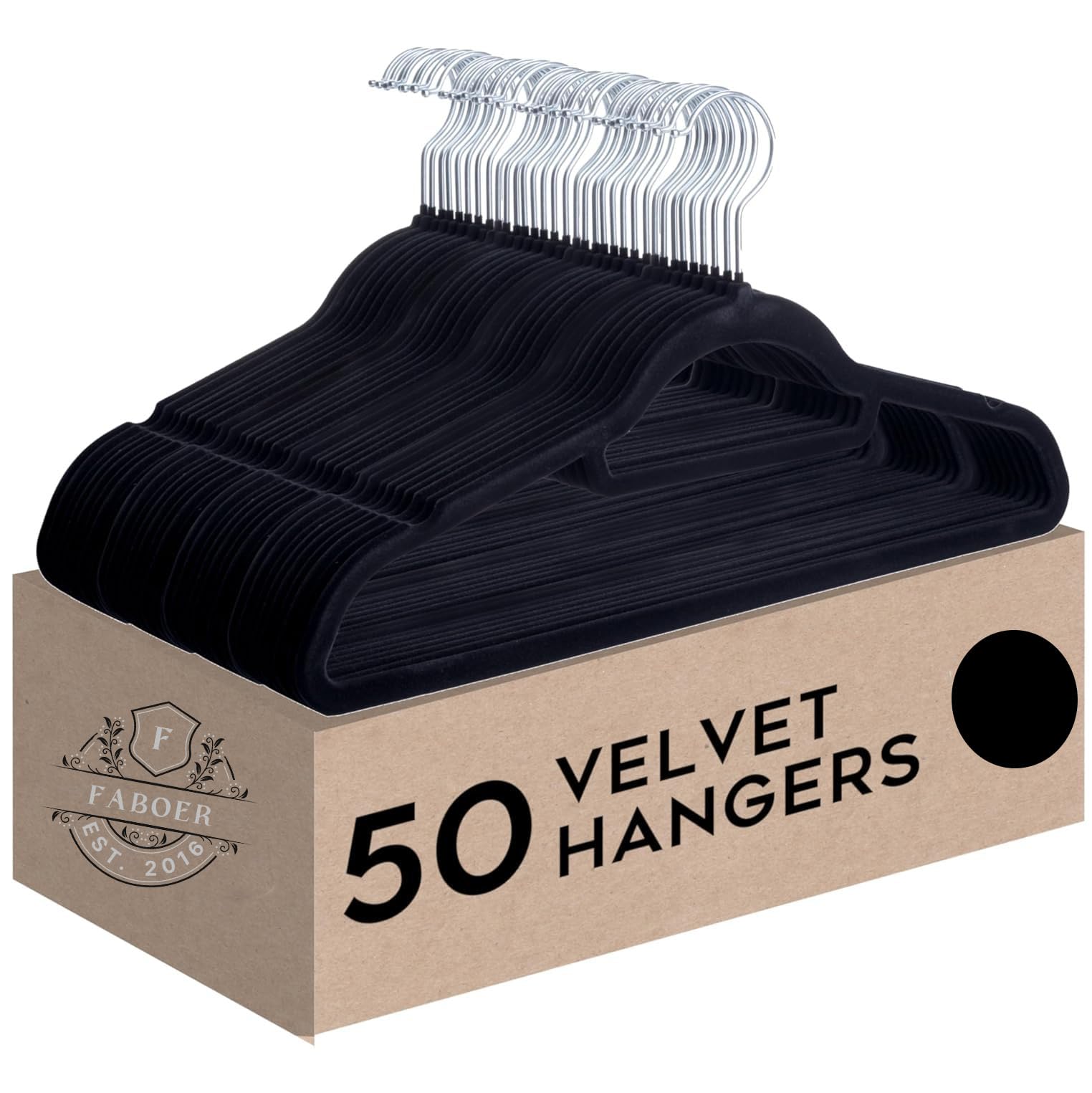 Faboer Black Velvet Coat Hangers - Pack Of 50 | With Tie Hanger | Nonslip Design | Jackets & Trousers | Flocked Slimline | Space Saving Clothes Organisers