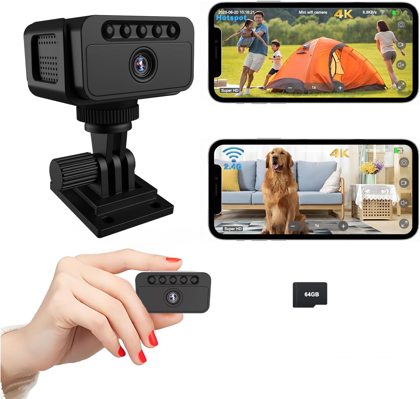 Bextgoo Mini Camera with mounting bracket and phone screen views