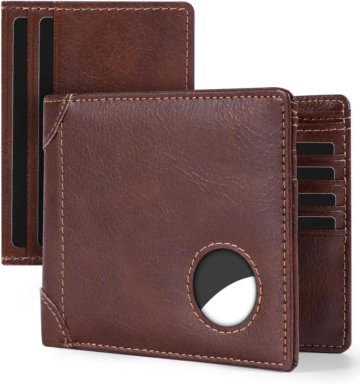 Swallowmall AirTag Wallet Mens RFID Blocking Genuine Leather Bifold Men's Wallet For air tag with 1 ID Window 13 Card Holders Black(Airtag Not included)