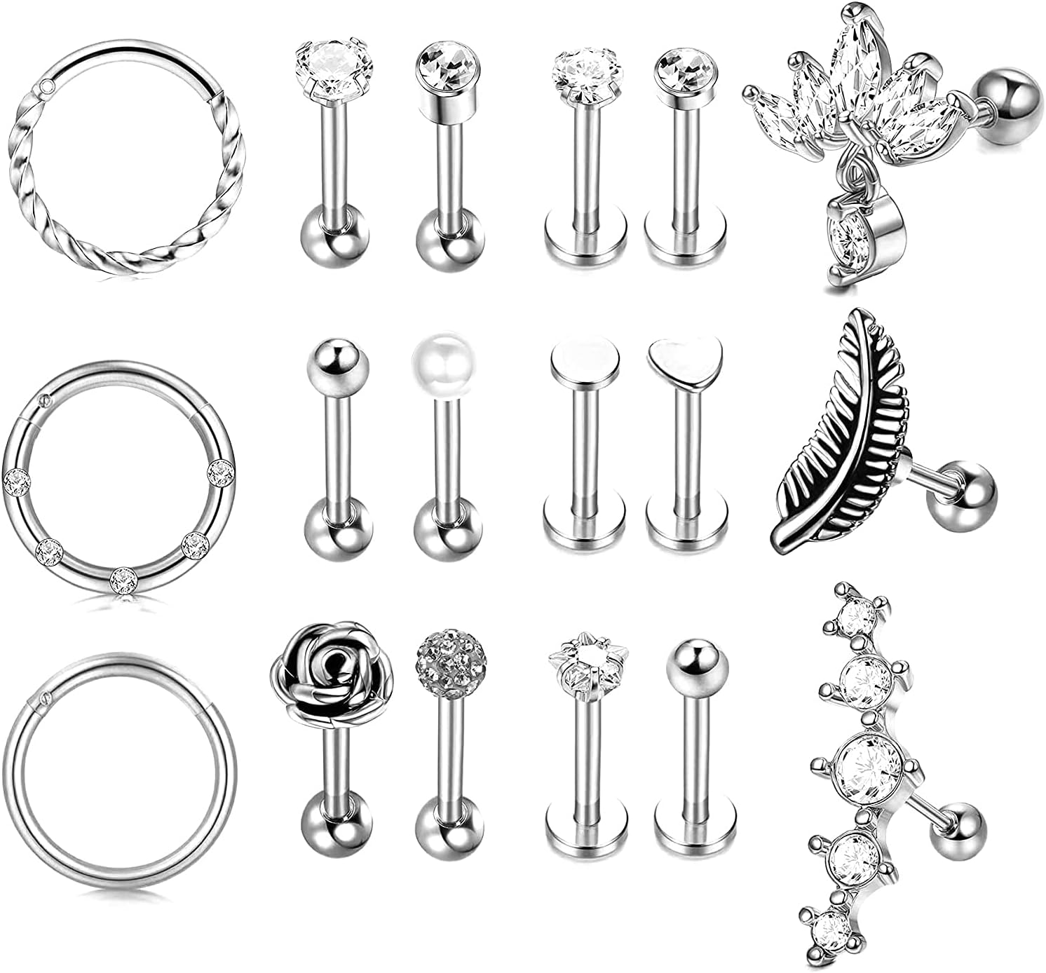 MILACOLATO18PCS 16G Stainless Steel Helix Piercing Earrings Cartilage Earrings Hoop Studs for Women Clicker Ring CZ Heart Leaf Lip Rings Labret Flat Earrings Forwards Tragus Conch Piercing Studs