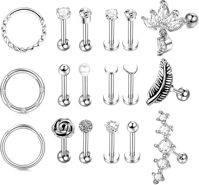 MILACOLATO 18PCS 16G Stainless Steel Helix Piercing Earrings Cartilage Earrings Hoop Studs for Women Clicker Ring CZ Heart Leaf Lip Rings Labret Flat Earrings Forwards Tragus Conch Piercing Studs