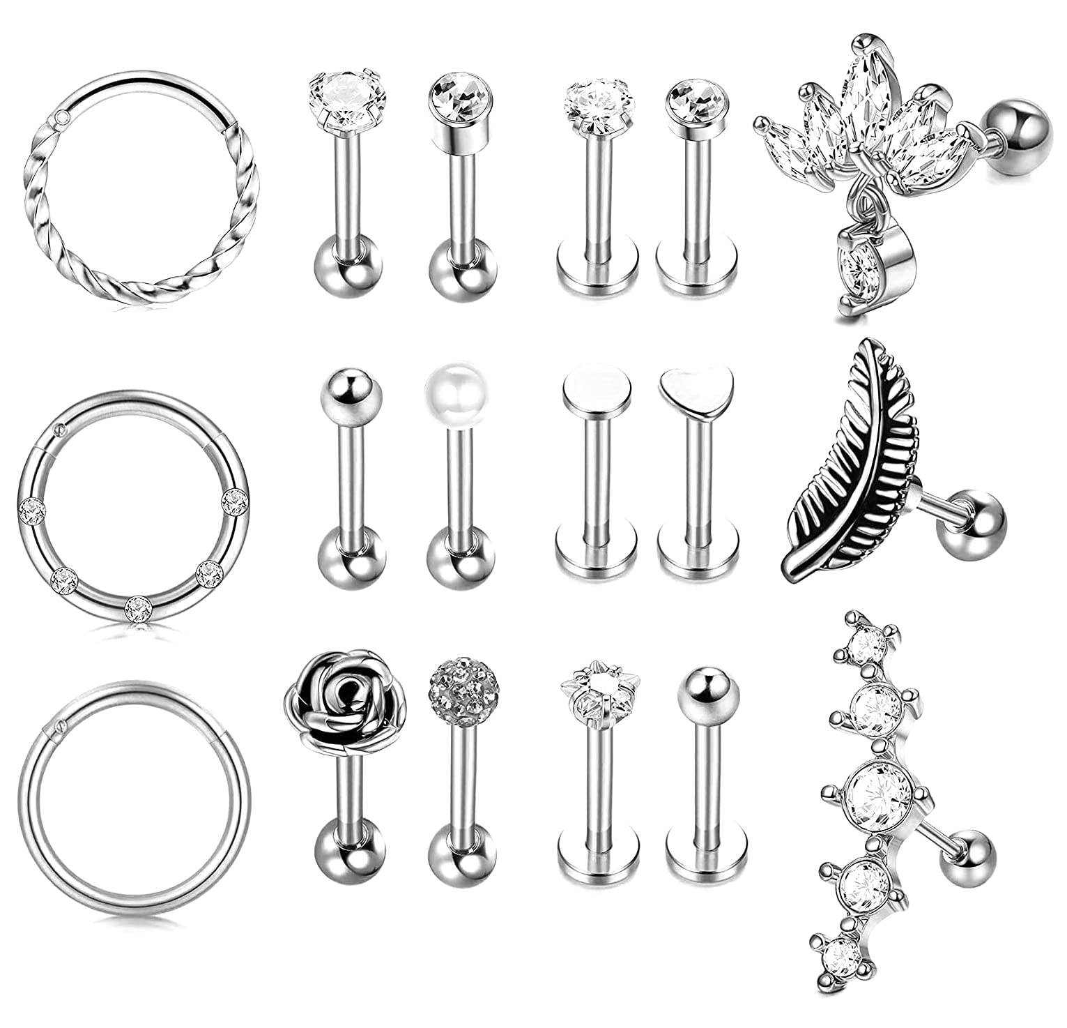 MILACOLATO18PCS 16G Stainless Steel Helix Piercing Earrings Cartilage Earrings Hoop Studs for Women Clicker Ring CZ Heart Leaf Lip Rings Labret Flat Earrings Forwards Tragus Conch Piercing Studs