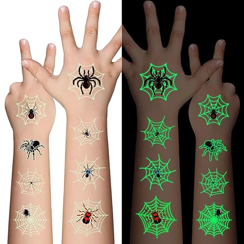 Tatuajes temporales de araña luminosa de Halloween para niños, 10 hojas que brillan en la oscuridad, tatuajes de telaraña de Halloween para niños y