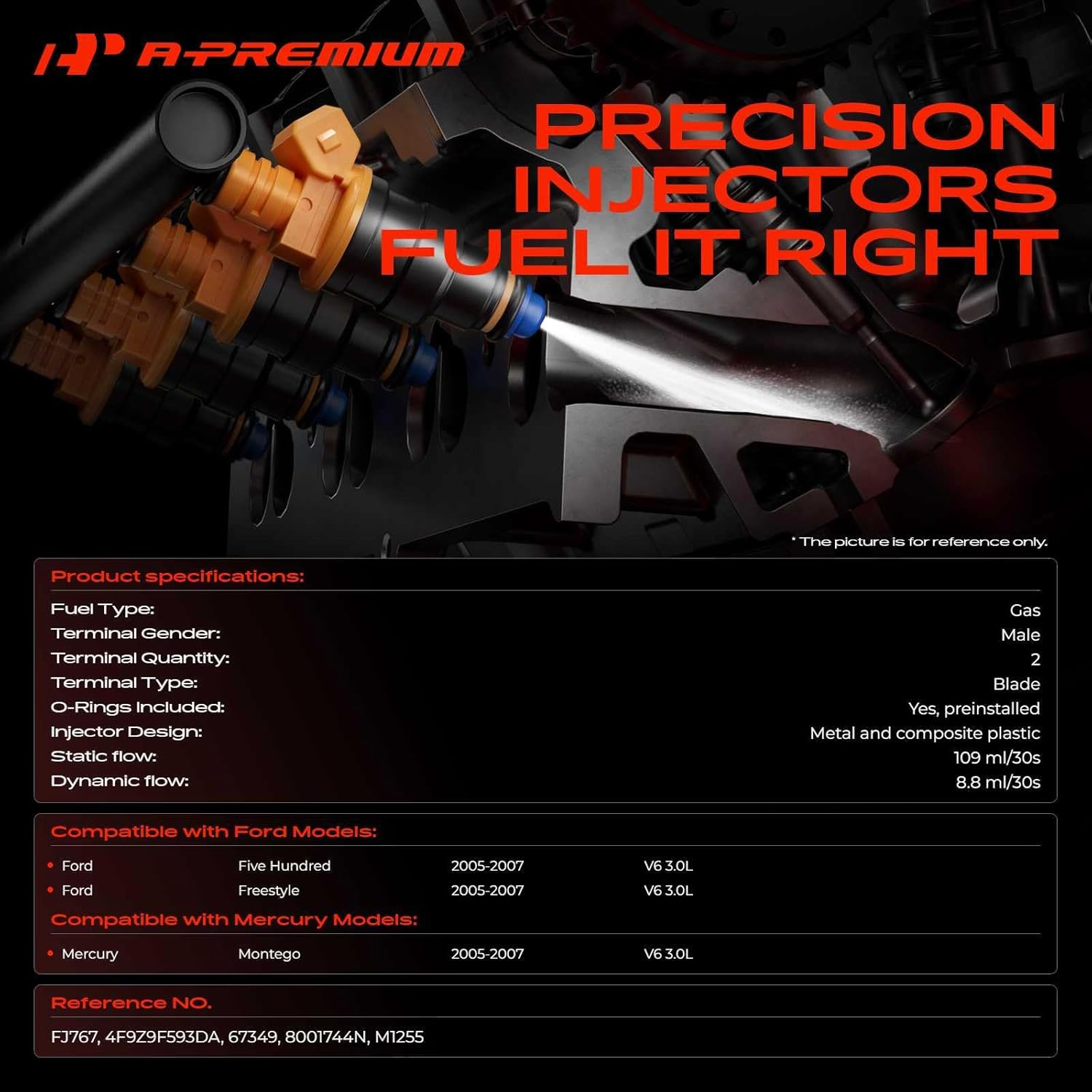 A-Premium Fuel Injectors Set of 6 Compatible with Ford Five Hundred, Freestyle & Mercury Montego, 2005 2006 2007, 3.0L, Replace# 4F9Z9F593DA, 8001744N