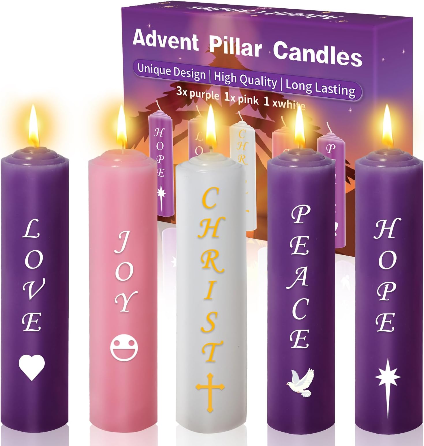 Advent Pillar Candles Set of 5-7" x 2" Unscented Christmas Decorations Round Candle, Seasonal Candle with Words Love, Joy, Christ, Peace, Hope for Advent Wreath - 3 Purple, 1 Pink, 1 White