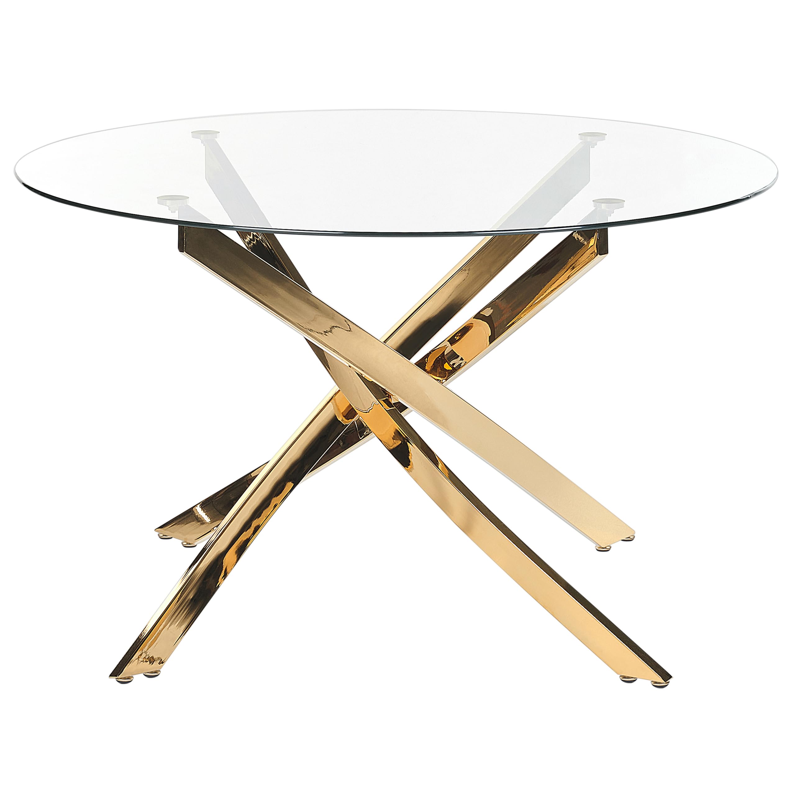 Beliani Mesa de Comedor Redonda Glamour ⌀120 cm Tablero de Vidrio Templado Patas Doradas Maramo
