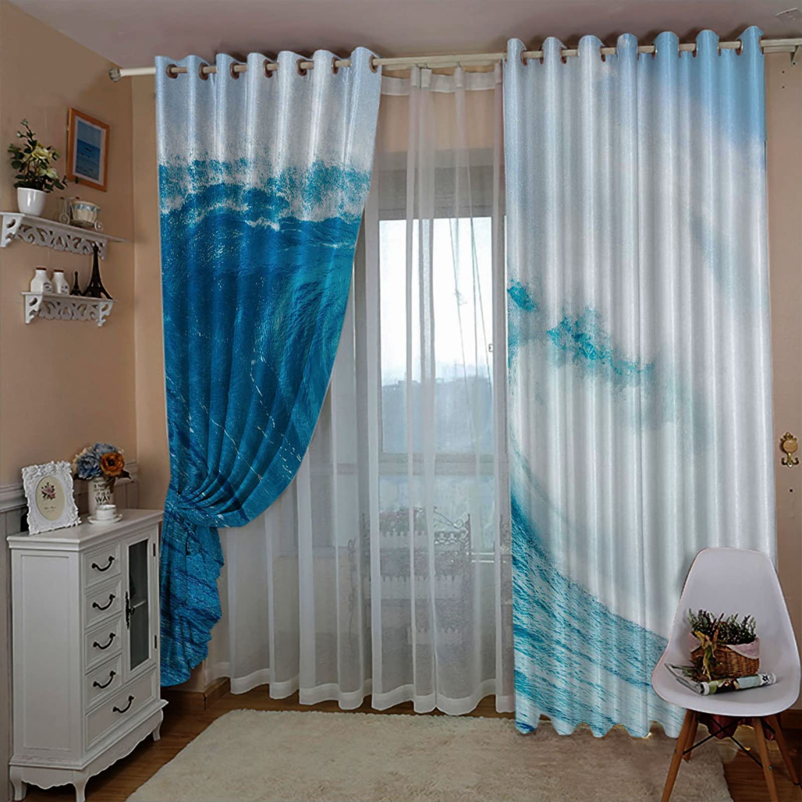Tende oscuranti per bambini con motivo a onde naturali, con occhielli, isolate termicamente, per cameretta dei bambini, camera dei giochi, decorazione per la casa, 116,8 x 228,6 cm (larghezza x