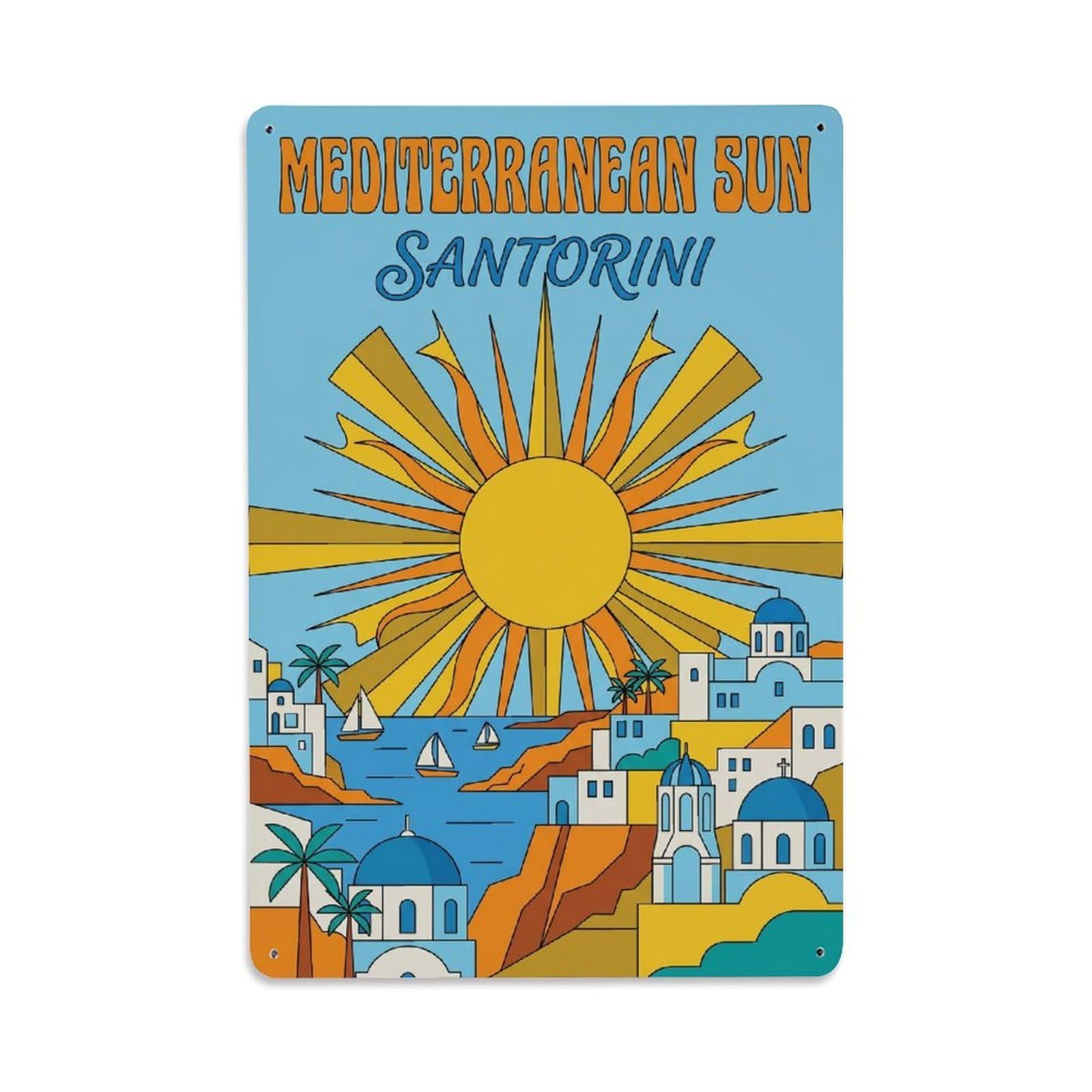Gead 8X12inch Style Vintage Travel Santorini Mediterranean Sun Metal Tin Sign