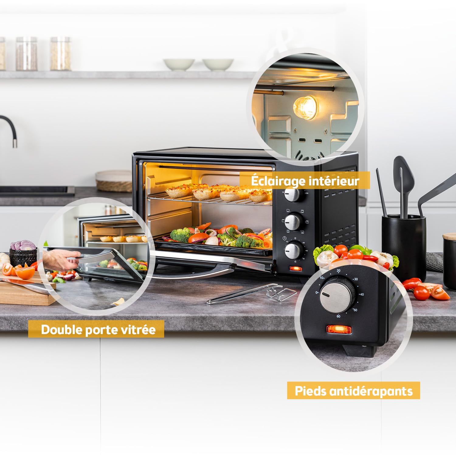 TZS First Austria - Mini-Four 30L 1600W - Four avec réglage de la température jusqu'à 230°C - Avec minuteur de 60 min, 3 hauteurs d'insertion, plaque et grille - Pour petites cuisines et camping