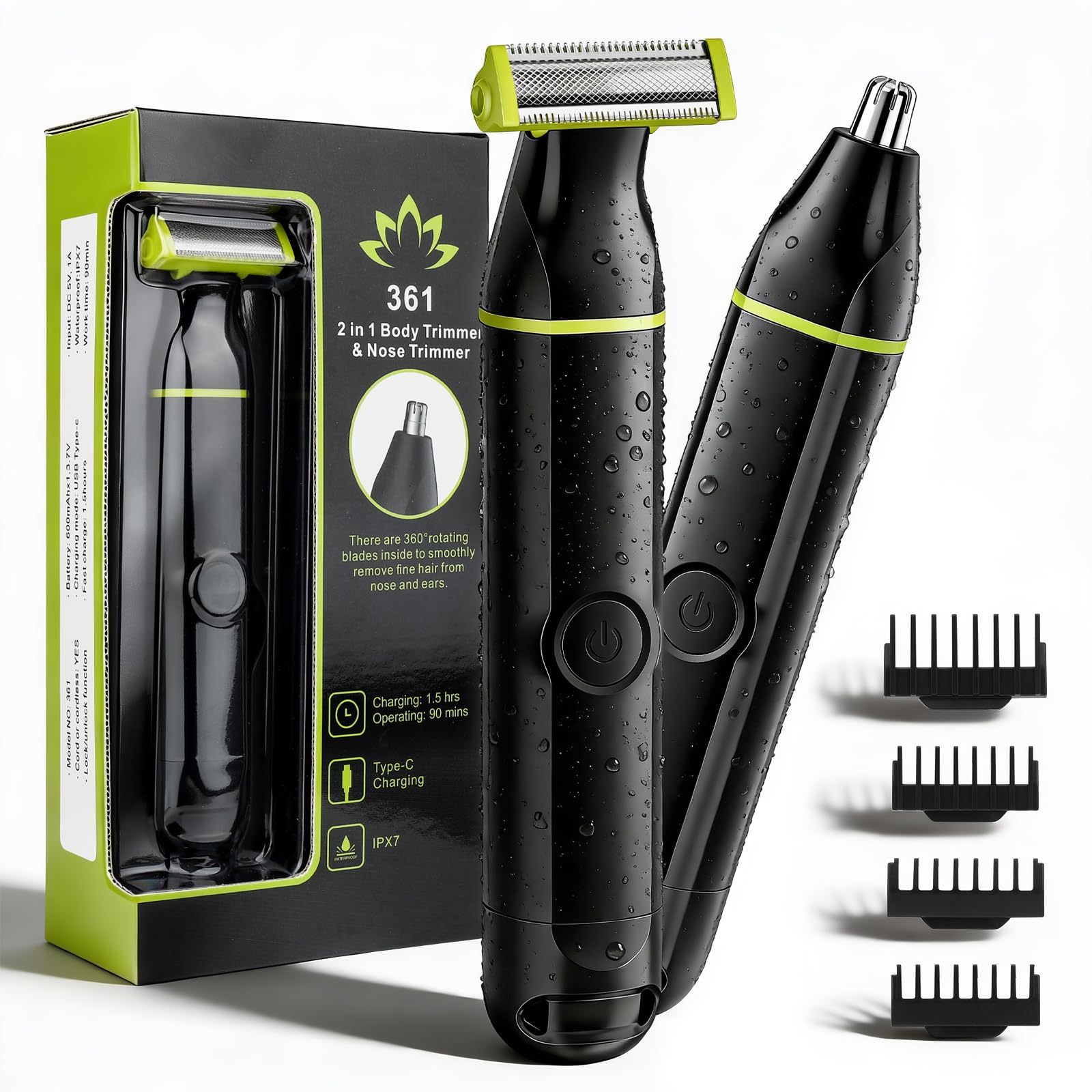 Lanumi 2 in 1 Mens Grooming Kit Cordless Rechargeable Beard Trimmer IPX7 Waterproof Electric Razor for Nose Ear