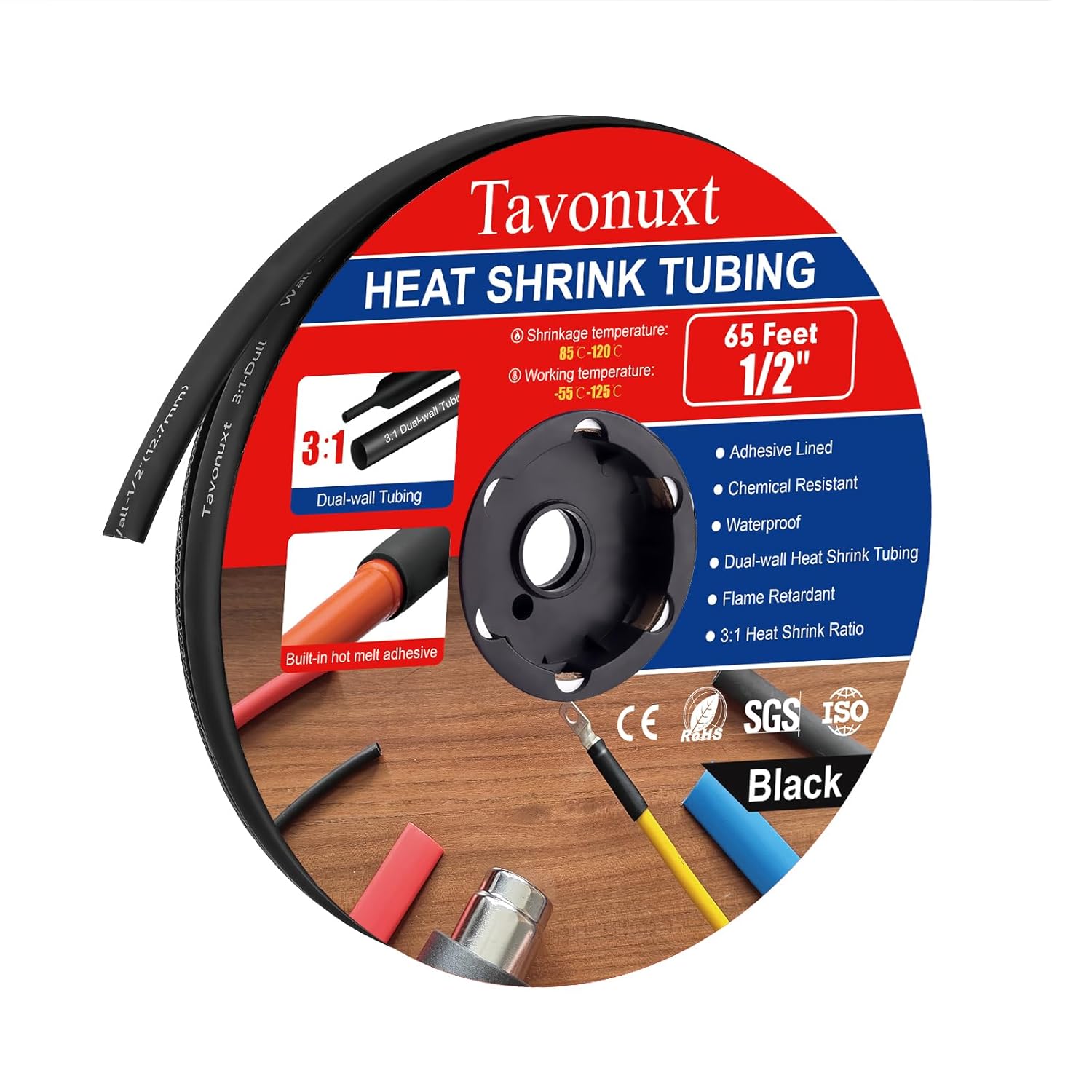 1/2" 65ft 3:1 Heat Shrink Tubing with Adhesive Lining - Marine Grade, Ideal for Home, Automotive, and Industrial Use - Black