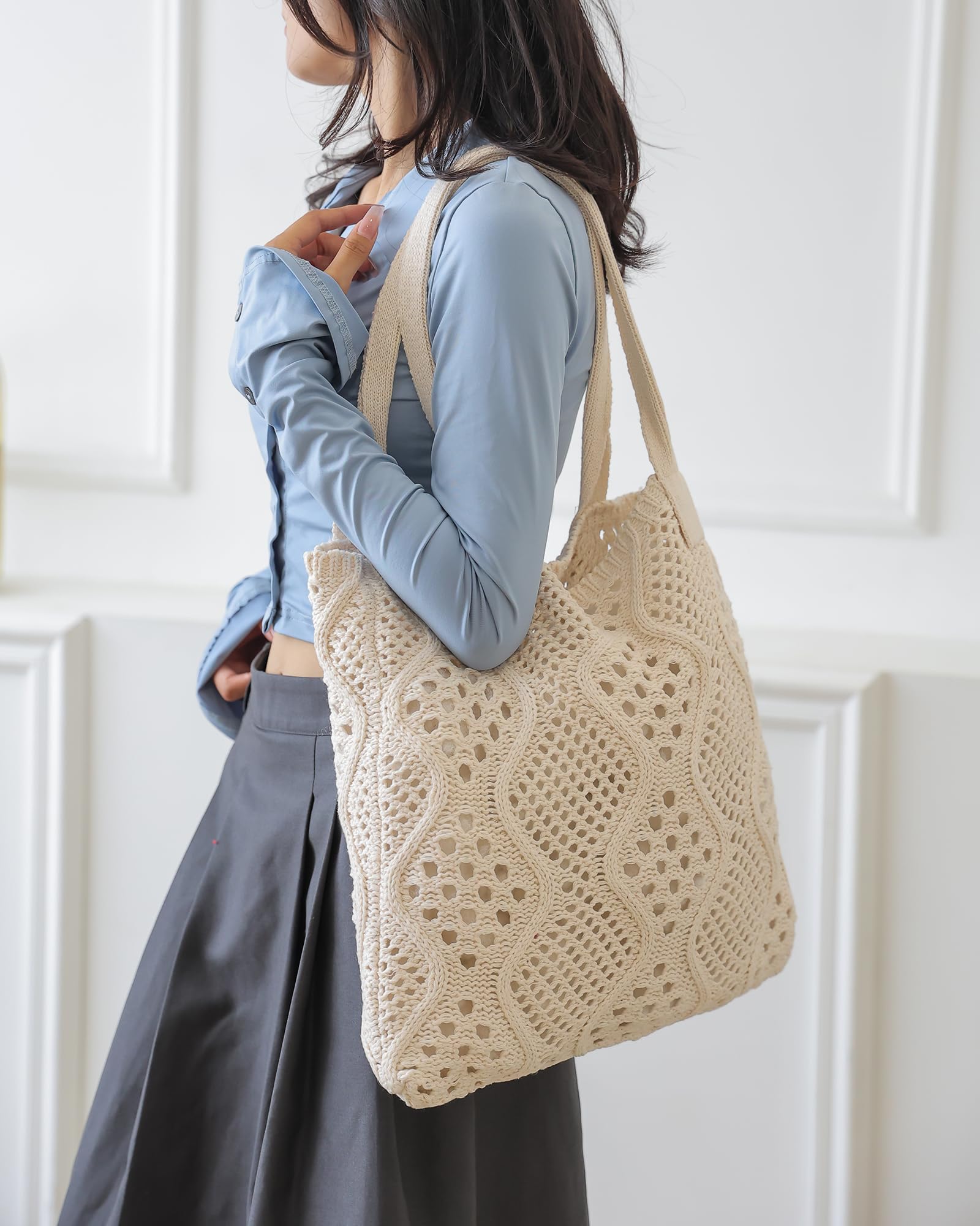 Stizimn Crochet Summer Beach Tote Shoulder Hobo Knit Hippie Bag - Large Capacity (Beige-A)