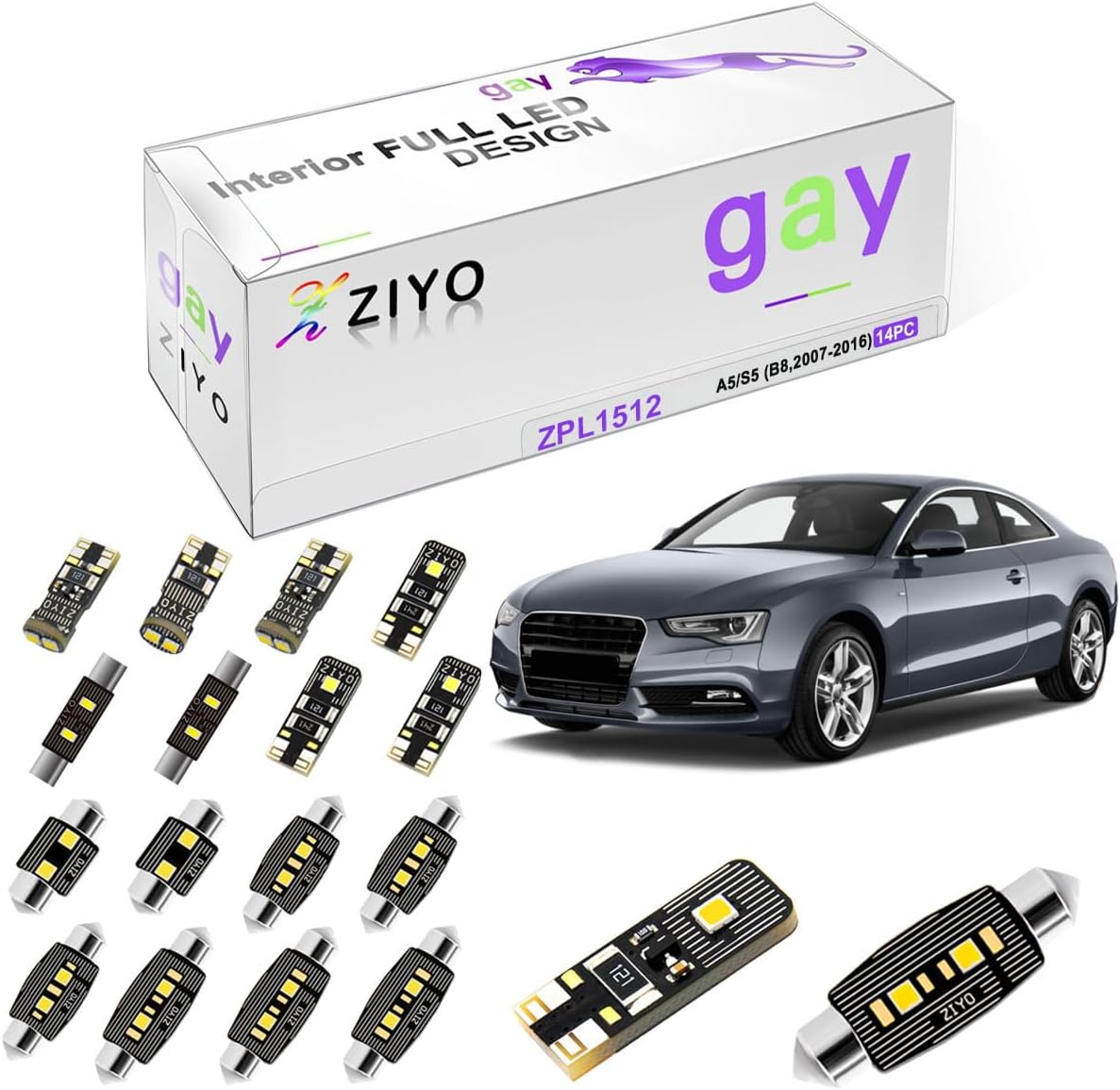 ZIYO ZPL1512 - (14 Bulbs) LED Interior Light Kit Replacement for AUDI A5 S5 RS5 (2door) 2006-2016, Xenon White Dome Light Bulbs Upgrade Error Free