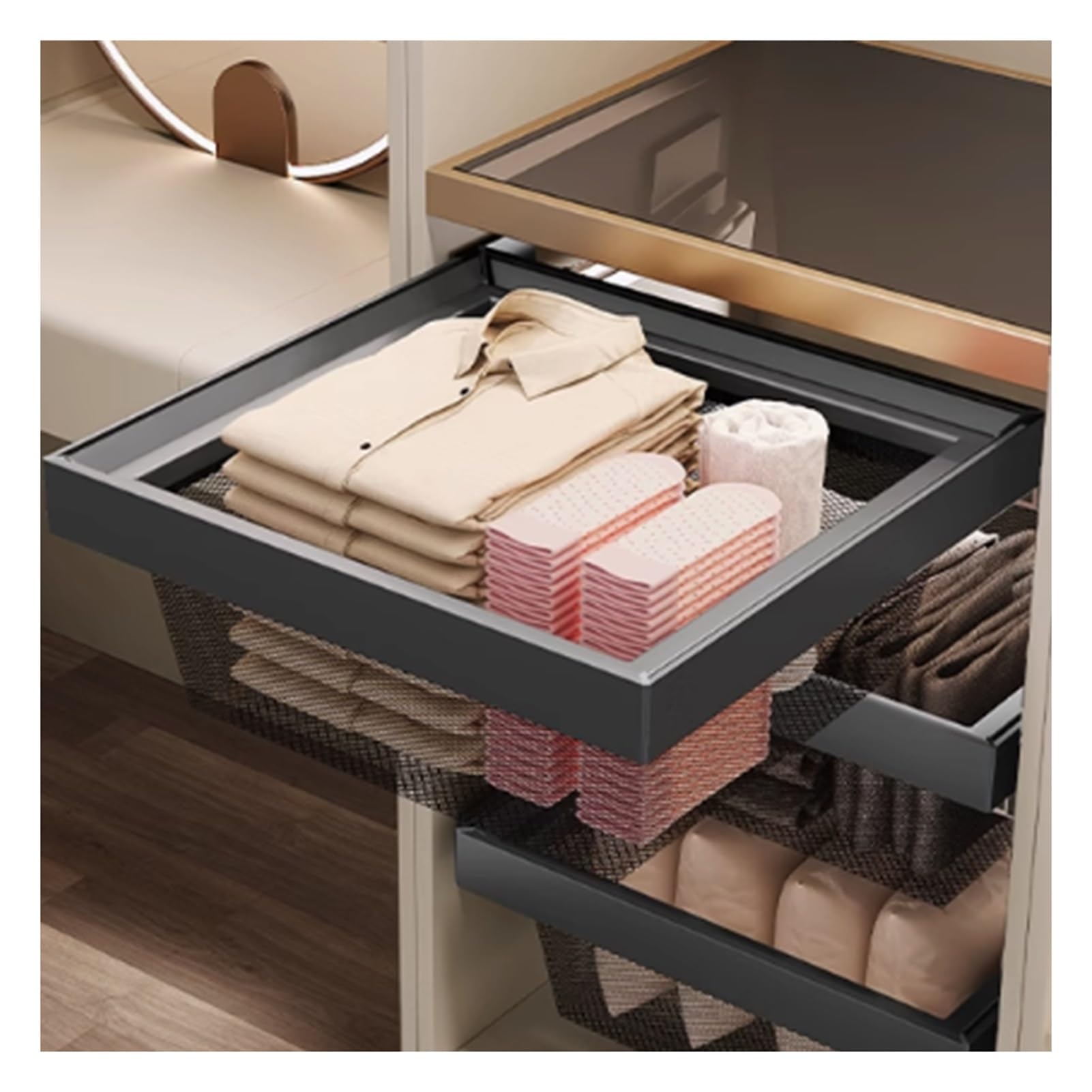 Organizador de almacenamiento para armario, estantes deslizantes para cajones, cesta de metal para debajo del estante, capacidad de carga de 30 kg, ideal para organizar armarios y dormitorios
