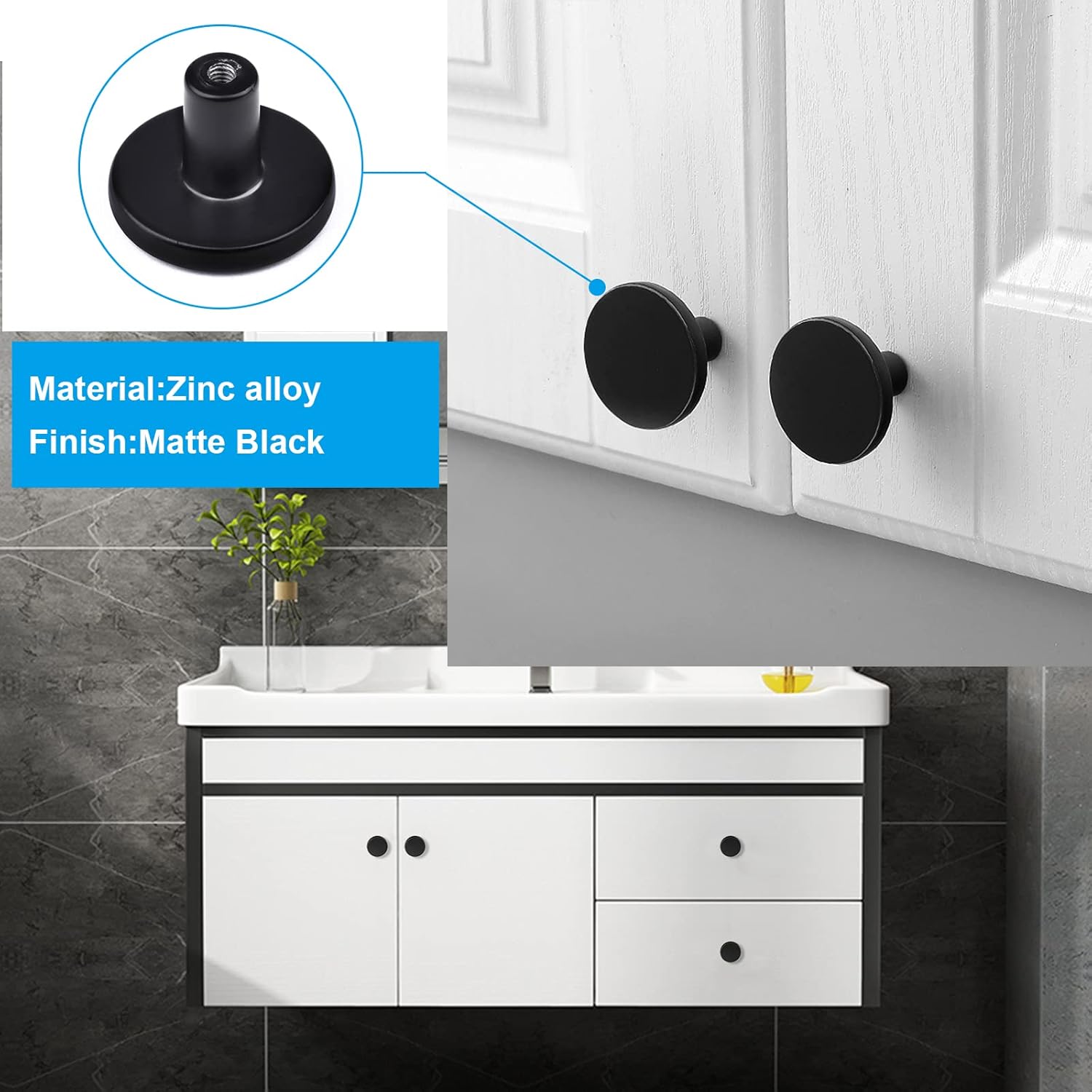 Matte Black Kitchen Cabinet Knobs Round Drawer Knob 1-1/4" Single Hole Zinc Alloy Dresser Knobs Used for Kitchen Cabinet Hardware, Pack of 4
