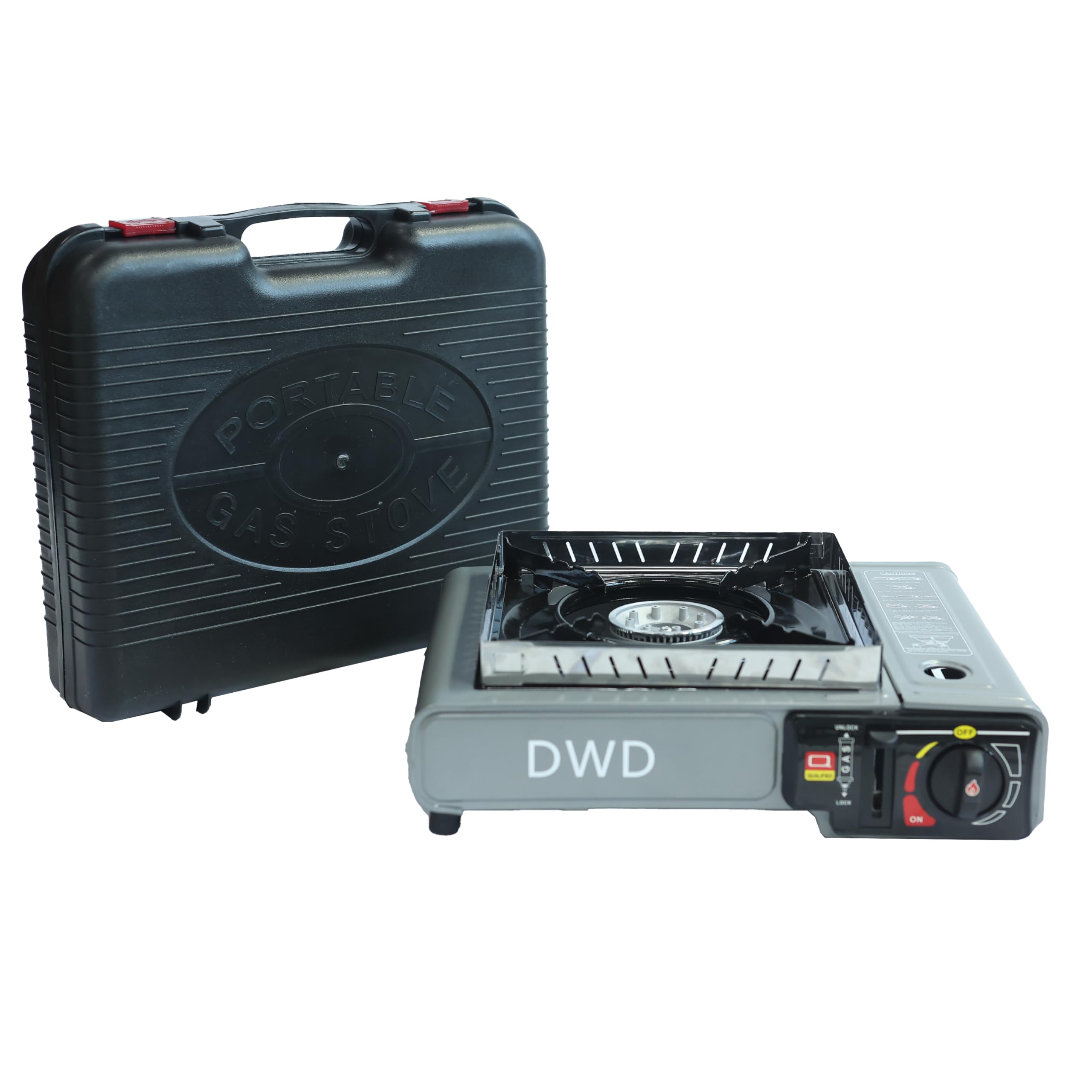 DWD® Premium Camping Gas Stove 2.5KW with Windshield - Operates with Butane or LPG Gas - Automatic Ignition & Heat Control - Enamel Pan Support, Grey