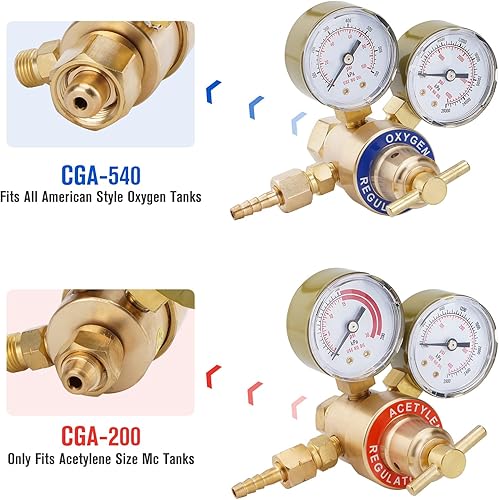 Miniatura 2 de SPARKWHIZ Par de medidores de gas de soldadura con regulador de oxígeno y acetileno (CGA540 y CGA200) + pararrayos flashback, extremo regulador