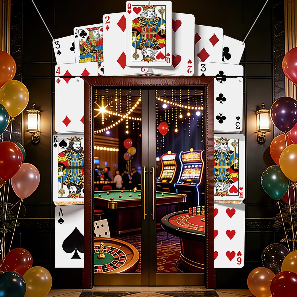 SUPERDANT 3Pc Poker Porch Banner 180x68cm plus 180x30cm Fringe Casino Party Banner Poker Garage Door Decor Reusable Tool-Free Setup Casino Party Supplies for Wonderland Tea PartyBirthday Baby Shower