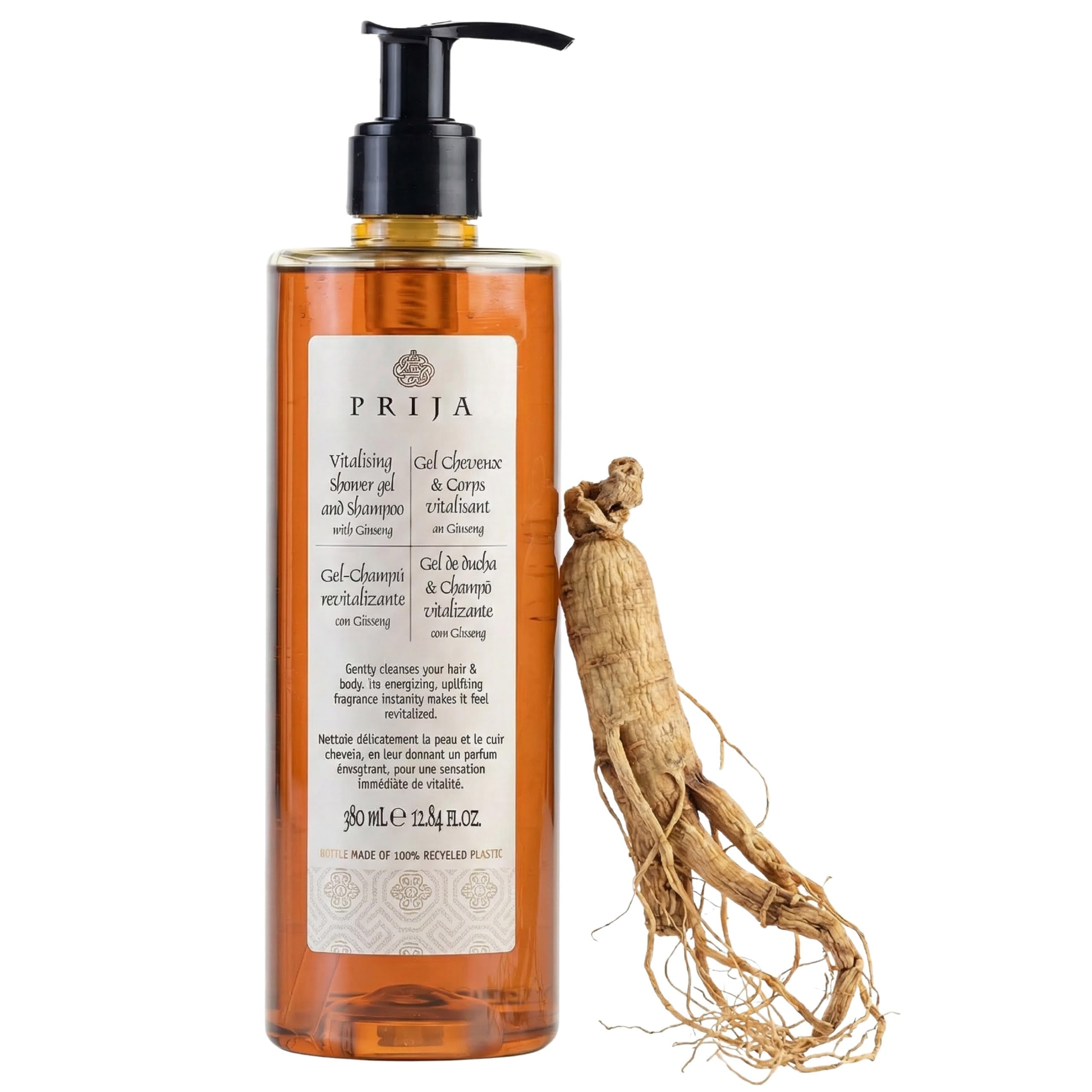PRIJA Champú-gel de ducha líquido 2 en 1 con extracto de ginseng, con dosificador, vegano (18x380ml)