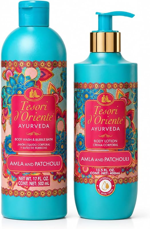 Tesori d'Oriente Ayurveda Conjunto com sabonete líquido corporal 2 em 1 e loção corporal, 17,5 oz e 13,5 oz