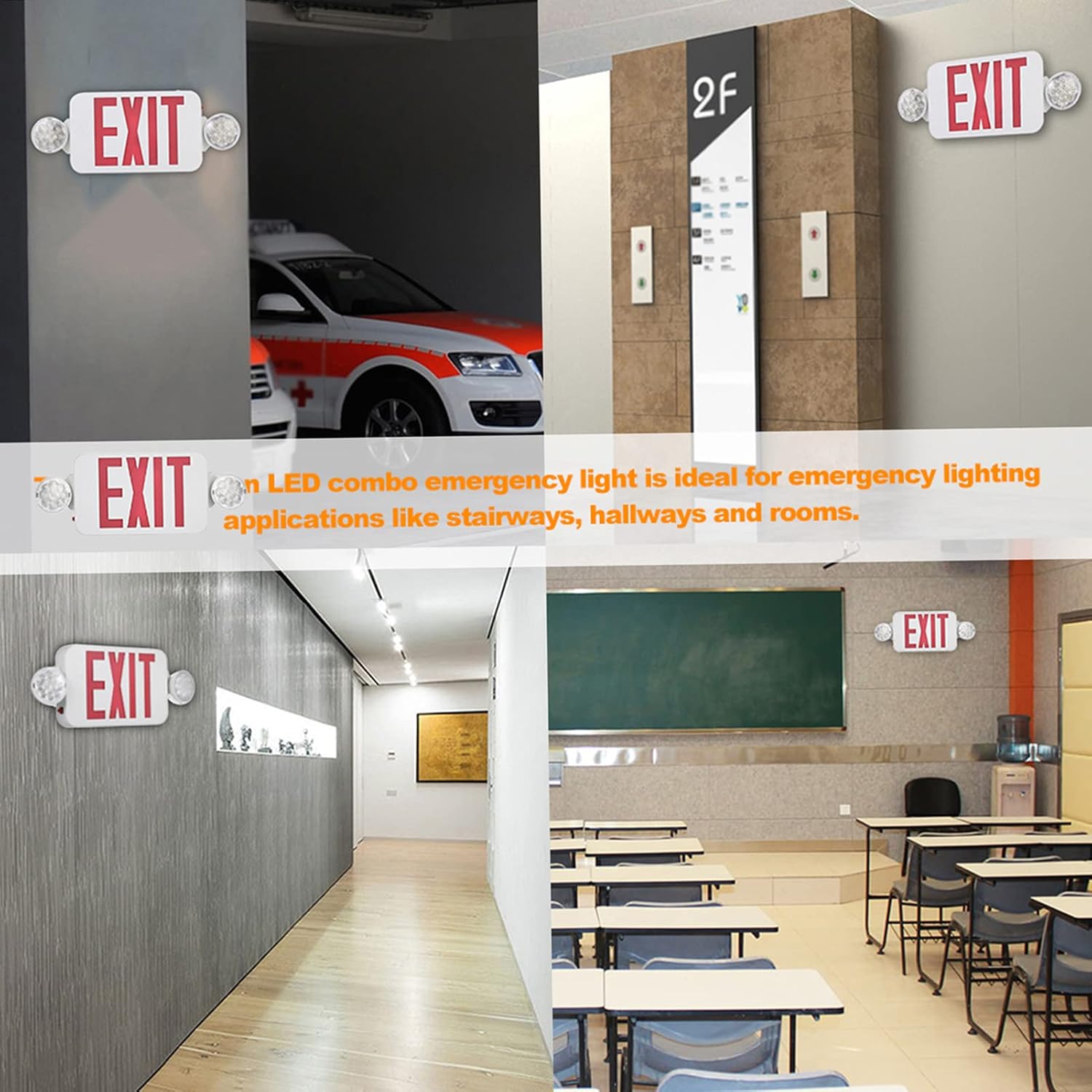 Fafeicy Red Exit Sign LED Combo Emergency Light, Adjustable Two Head Backup Battery with Test Switch and Charge Rate Indicator, for Stairway Hallway Room Wall Ceiling Mount (red& white)