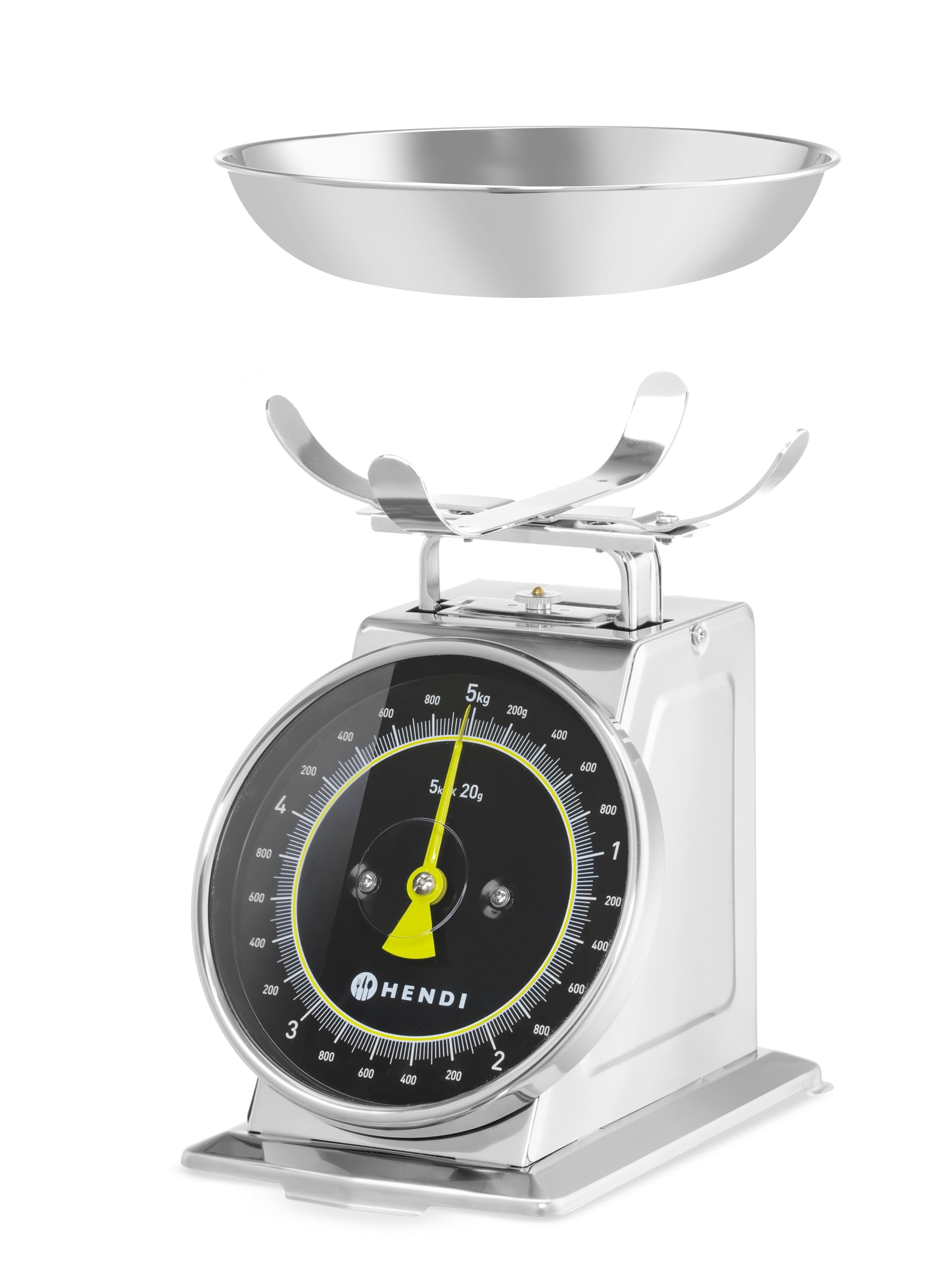 HENDI Báscula mecánica de cocina, Pesa con esfera analógica, Balanza con función tara manual, Capacidad 5kg, Graduación 20g, 207x231x(H)254mm, Acero inoxidable