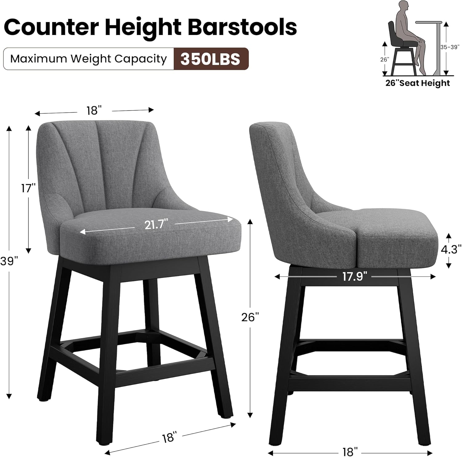 REONEY Swivel Bar Stools Set of 3, Fabric Upholstered Counter Height Barstool, 26" Modern Kitchen Island Chairs with Back and Solid Wood Legs for Home Bar Dining Room, Dark Grey