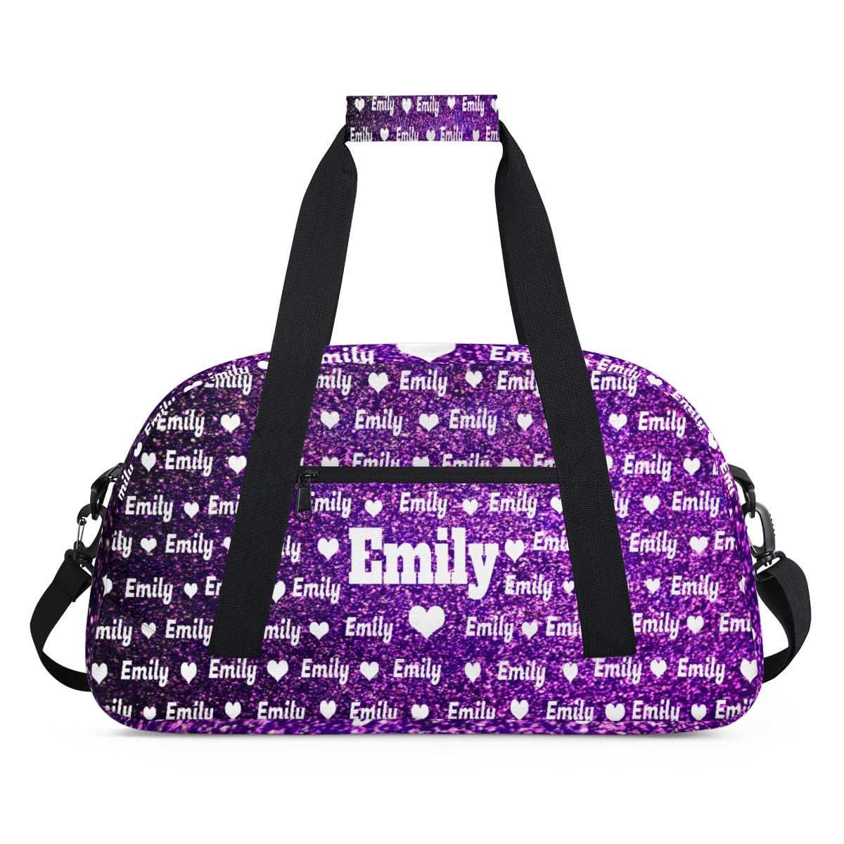 Custom Name Sports Duffel Bag for Kids Boys Girls, Personalized Gym Sport Duffel Cheerleading Bag Travel Weekender Tote Carry-On Bag, Love Heart, Deep Purple Bling Glitters