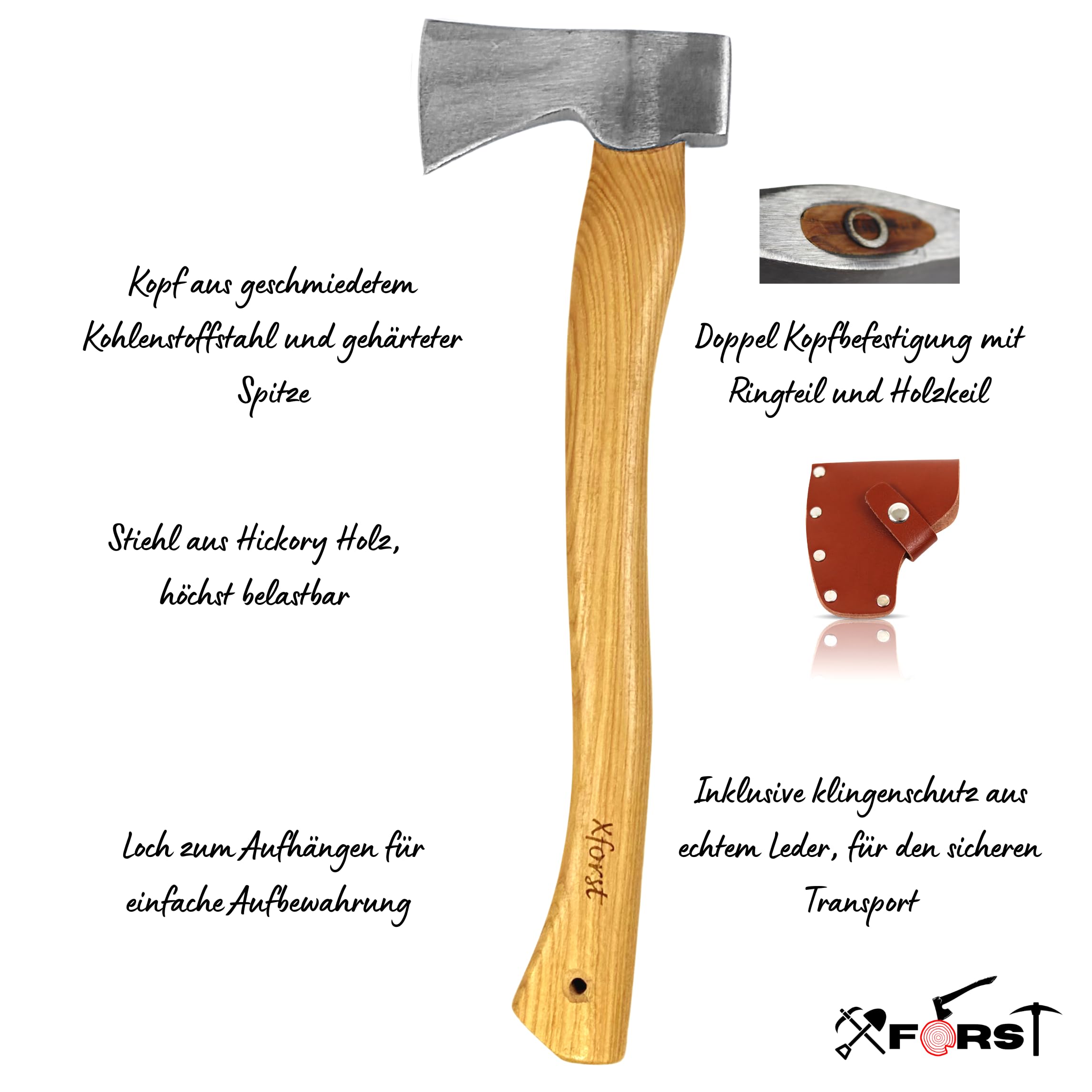 Xforst Hache X-AG3 Forestière 50 cm Acier Forgé Manche Bois Hickory 1,15 kg Hache Bois Camping