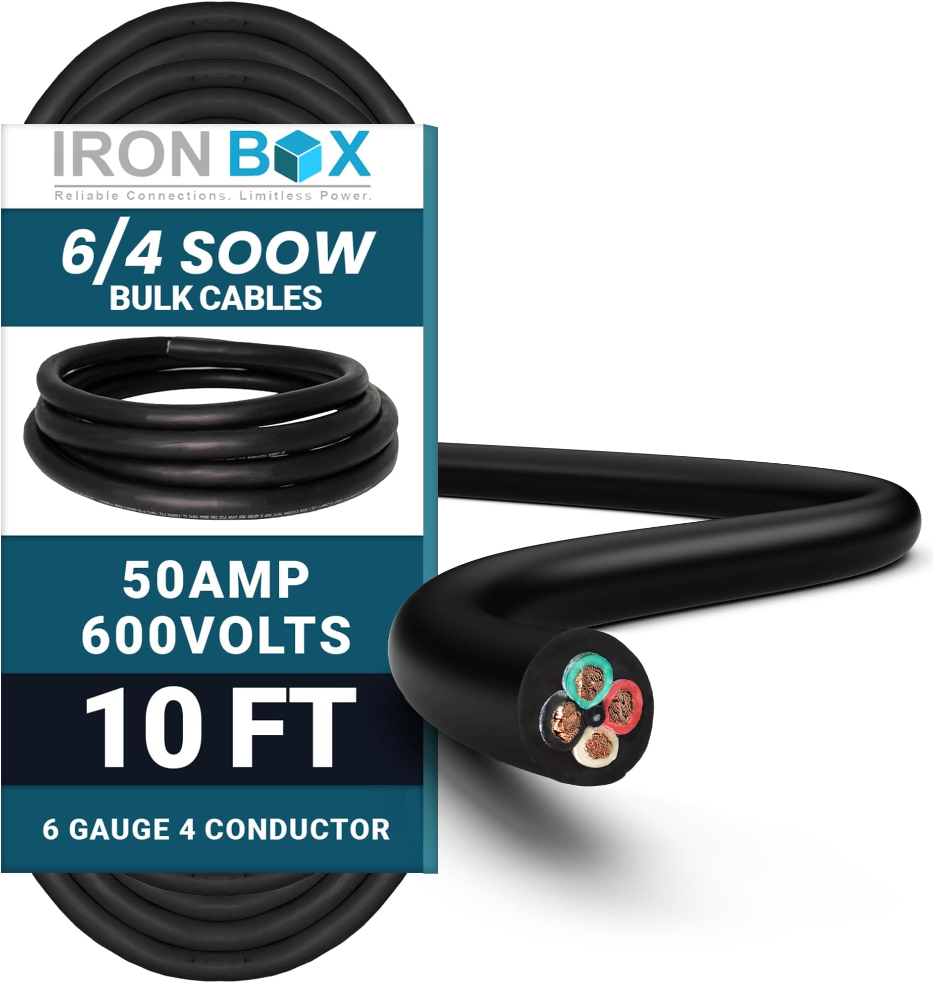 IronBox Electric - 6/4 SOOW Bulk Cable - 6 Gauge 4 Conductor - Rated for 600V, 50A - Water & Oil Resistant Cable for Industrial & Residential Use - Ideal for Generators,Circuits,Data Centers(10 Foot)