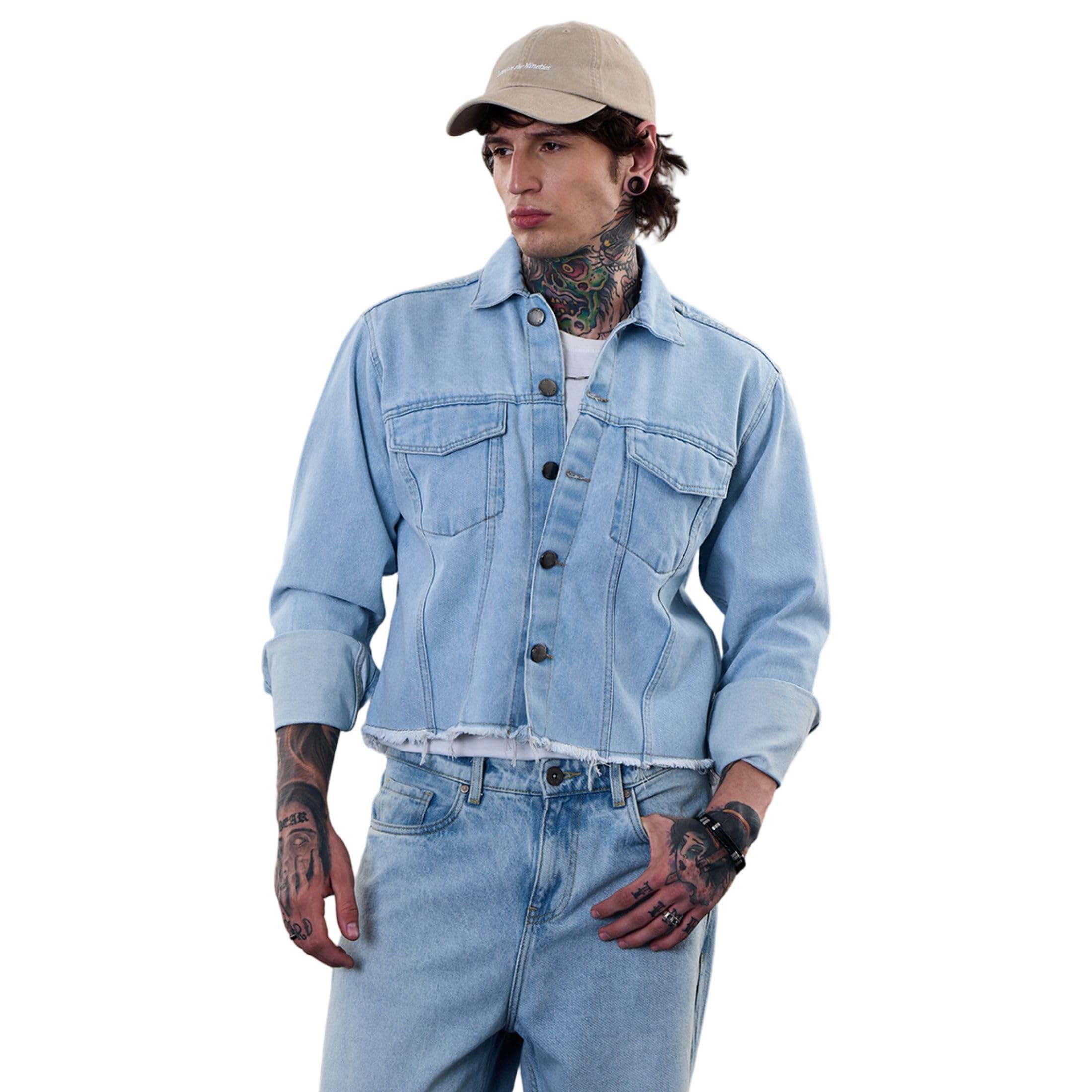 SNITCH Revolution Light Blue Cropped Printed Denim Jacket in blue